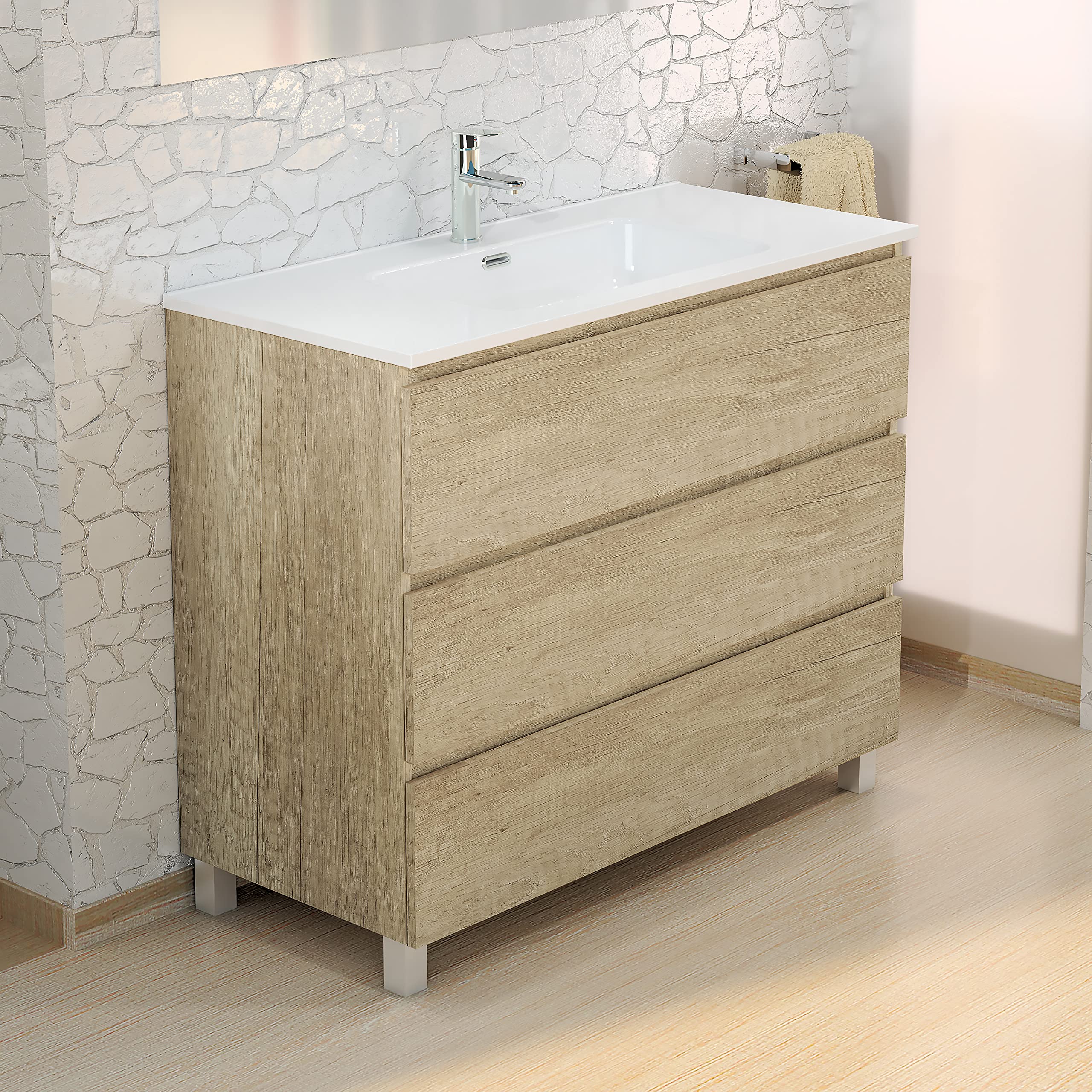 Baikal Mueble de Baño TRIX, Distribución de 3 cajones, con Patas y con Lavabo cerámico. Melamina 16mm. Distintas Medidas y Acabados Disponibles. Mueble MONTADO