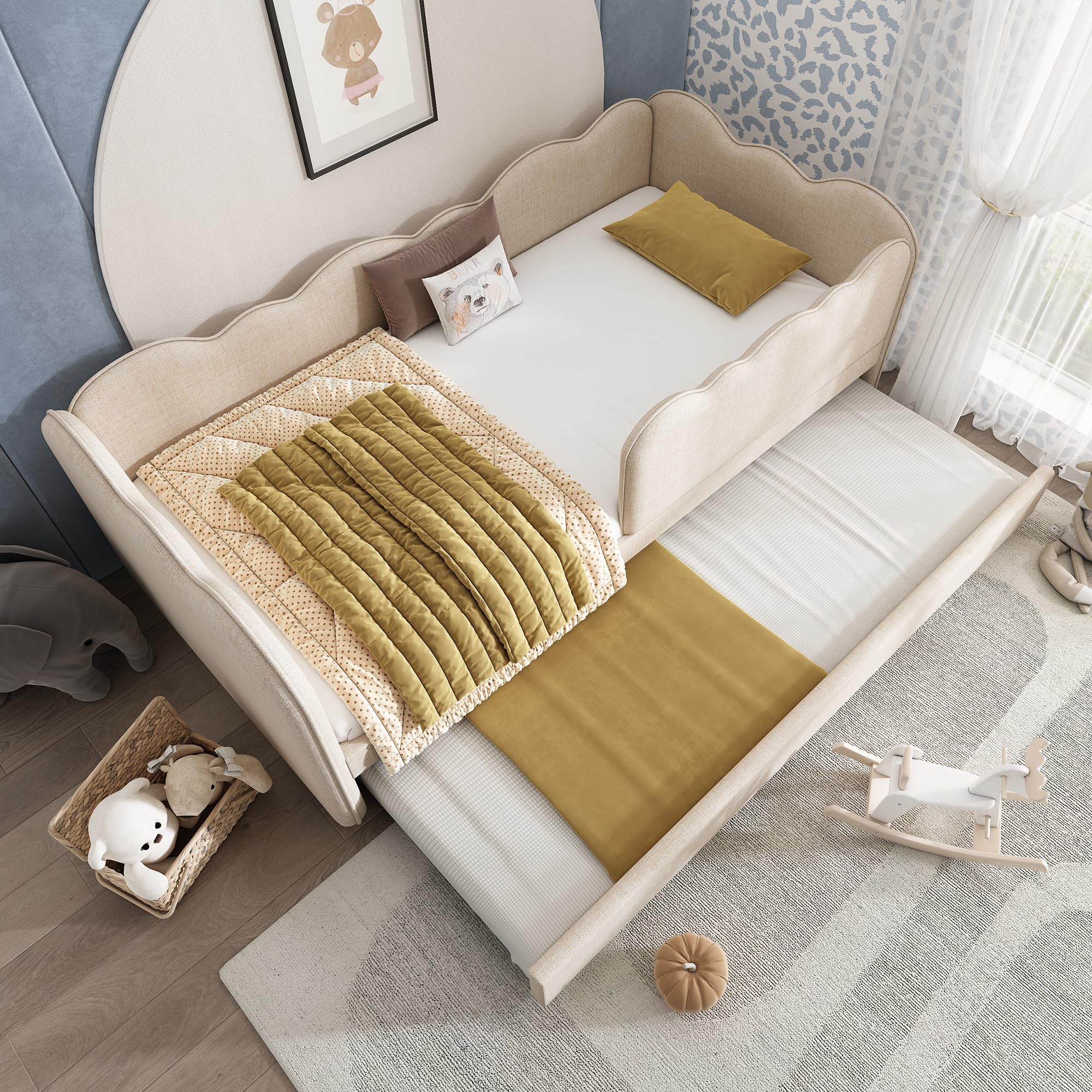 Kebnor Polsterbett Daybett 90x190cm,Tagesbett Schlafsofa mit Ausziehbett 90x190cm, Kinderbett mit Lattenrost, ohne Matratze (Leinen, Beige)