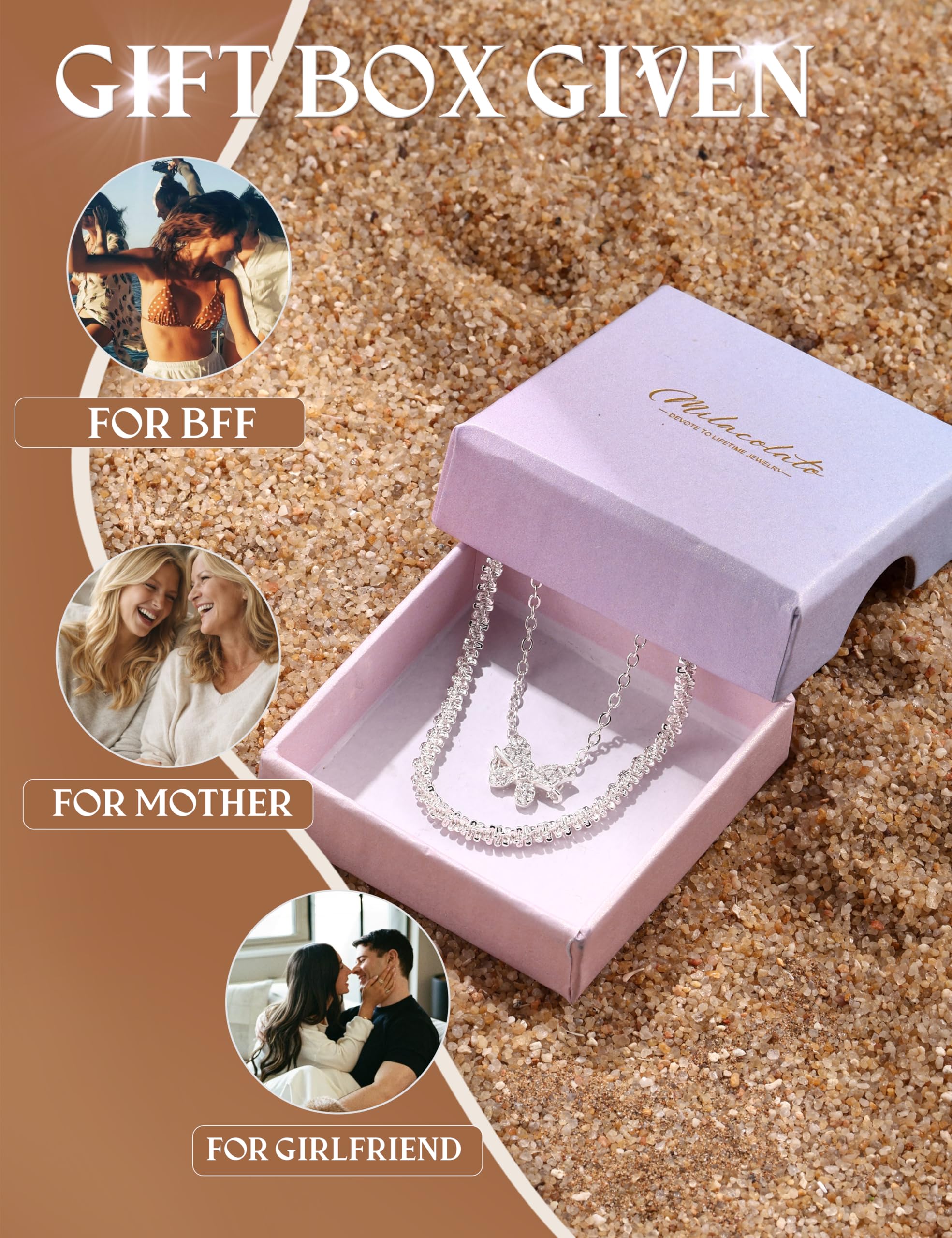 MILACOLATO Cavigliera regolabile in argento Sterling 925 da donna, impermeabile, con farfalla, cuore, stella, cerchio, cavigliera