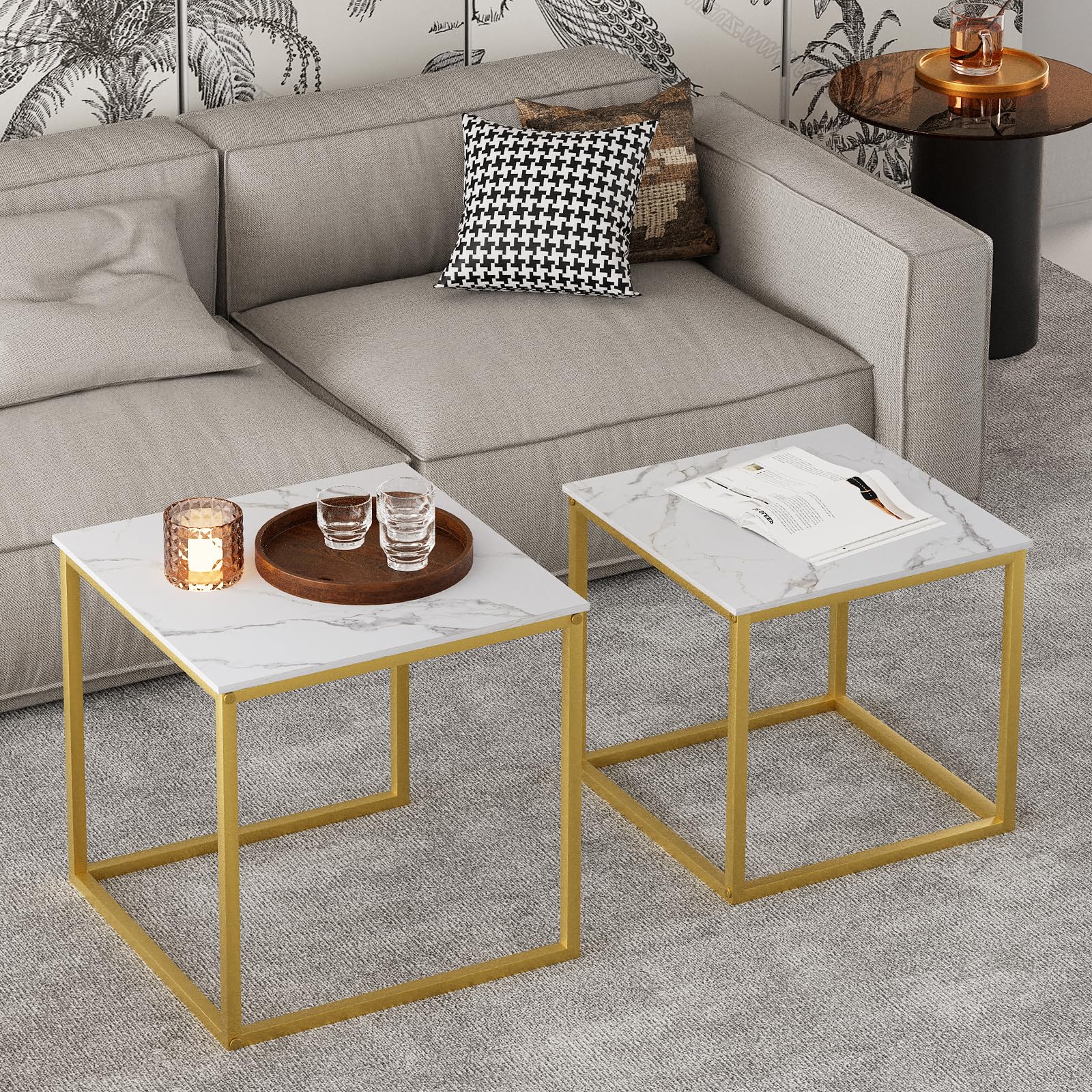 Juego de 2 mesas auxiliares, mesa anidable de madera de ingeniería moderna, juego de mesa central cuadrada con marco de metal, mesas auxiliares, mesa auxiliar anidable para sala de estar 6