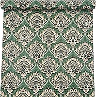 Vista 4 de Paquete de 2 revestimientos para estantes para armarios de cocina, armarios, fáciles de limpiar, autoadhesivos, papel tapiz de damasco verde