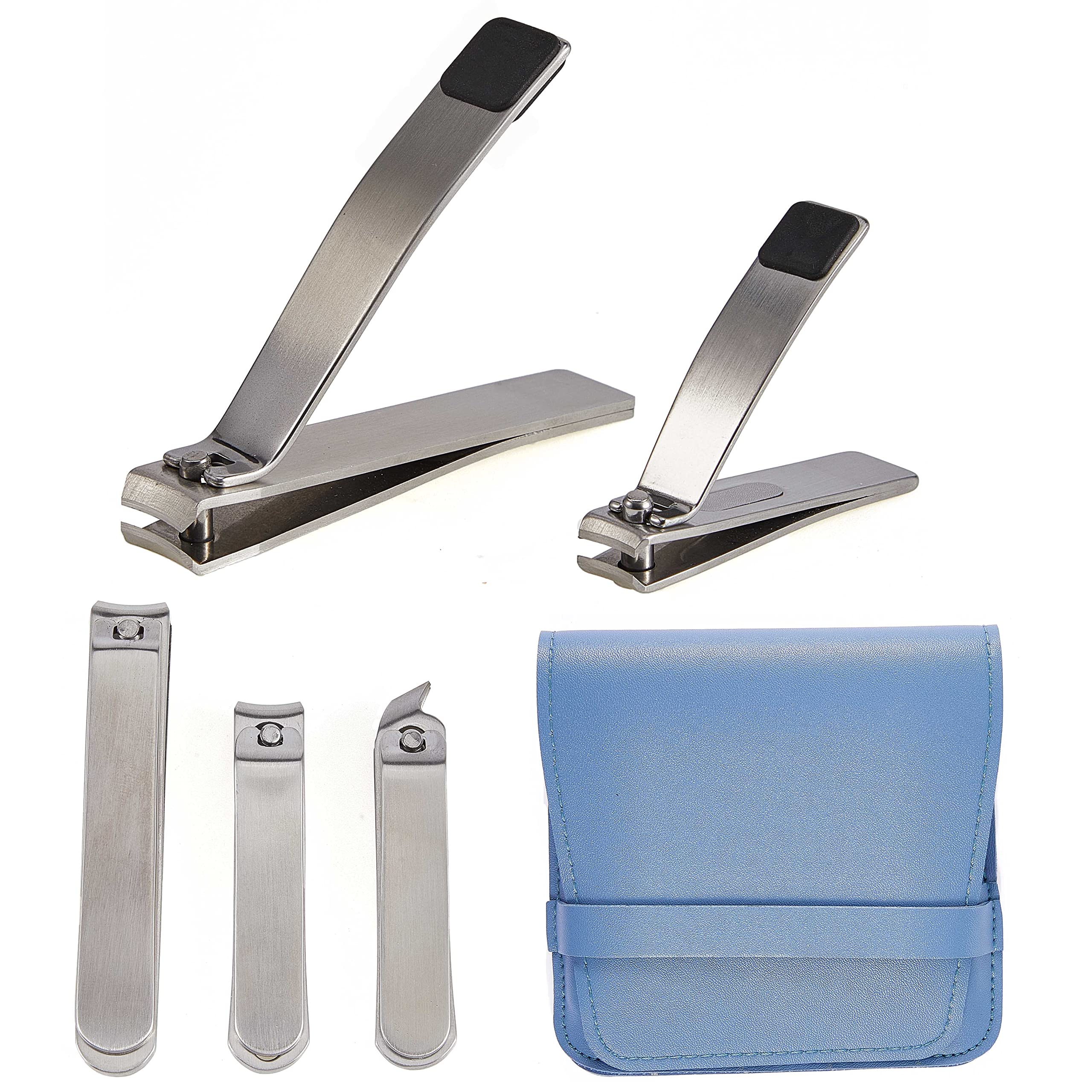 LULUKO Fingernail and Toenail Clippers,5Pack Nail Clippers Set Adult Stainless Steel Nail Cutters with Leather Case Blue