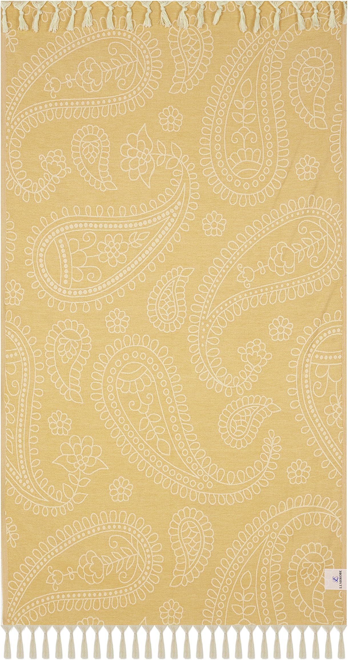 Lushrobe Peshtemal Beach Towel Lightweight 100% Cotton Fouta Pool Bath Gym Blanket - 72" L x 40" W - Paisley/Pateh (Mustard)
