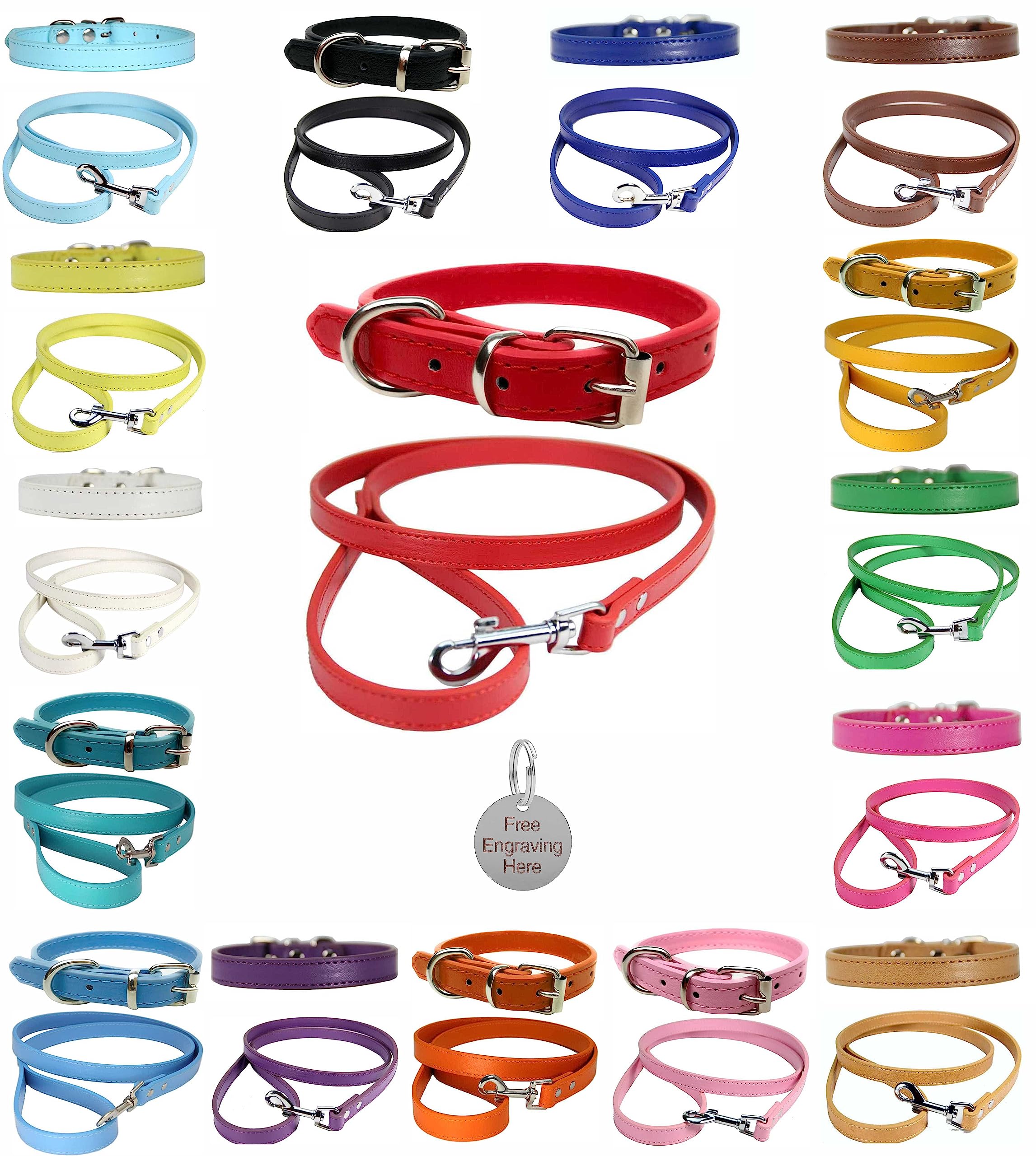 Vibrant Leather Dog Collar & Lead Combo Set for Puppy, Dogs Small, Medium & Large With Personalised Engraved Round Silver Pet Tag (X-Large (45cm - 55cm Neck), Red)