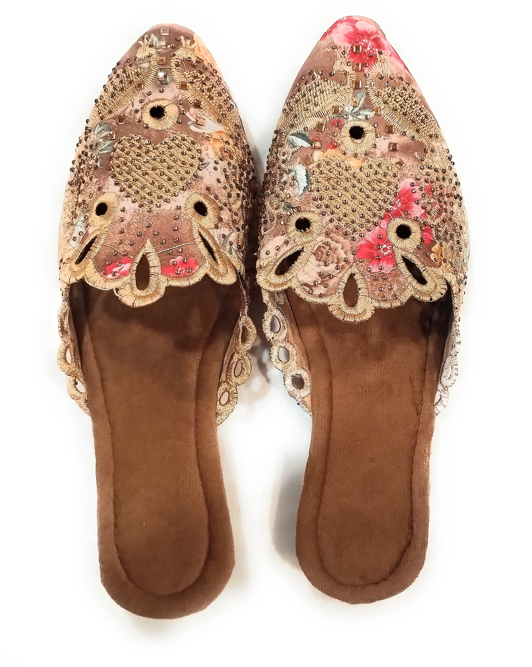 Rajasthani Ritzy Women Designer Brown Floral Print Jutti Soft Velvet Padding-image-21