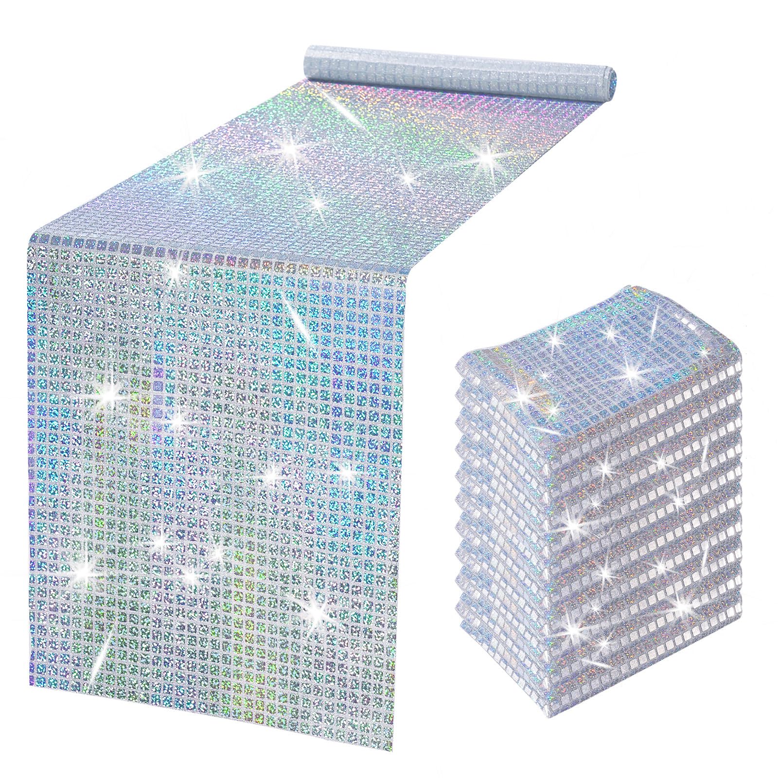 Photo 1 of 10 Pack Disco Party Table Runners 13x72 Inches Laser Silver Sequin Table Runners Retro Glitter Table Cover for 70s 80s Theme Disco Ball Party Holiday Birthday Wedding Table Decorations