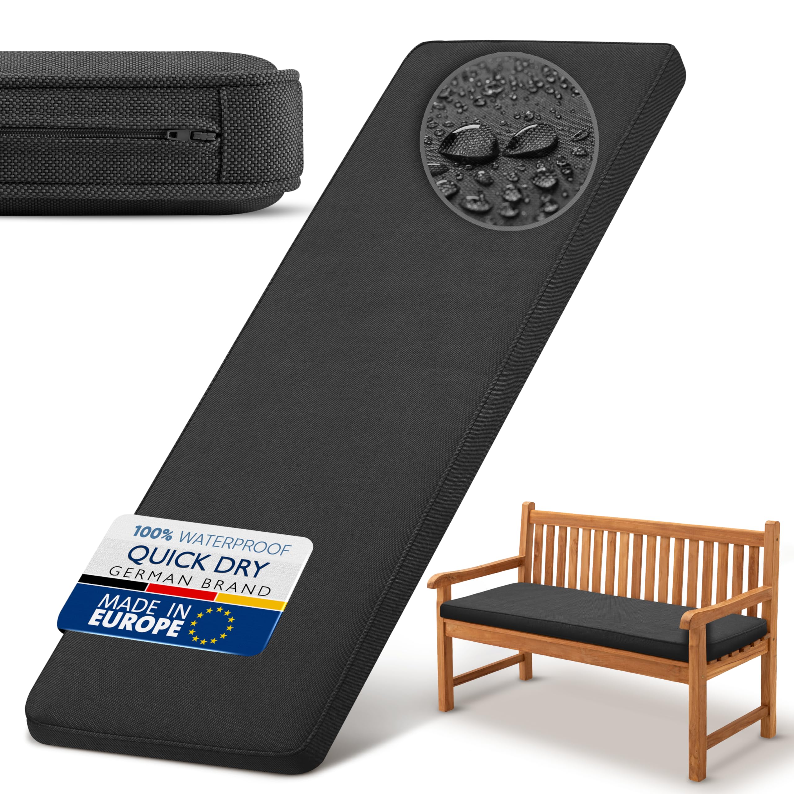 Beautissu Waterproof Garden Bench Cushion Outdoor 100x50 cm – Dirt-, Water- & UV-Resistant Swing Seat Garden Furniture Cushions Washable Seat Pad with Washable Cover Soft Lounger Anthracite – QD-BK