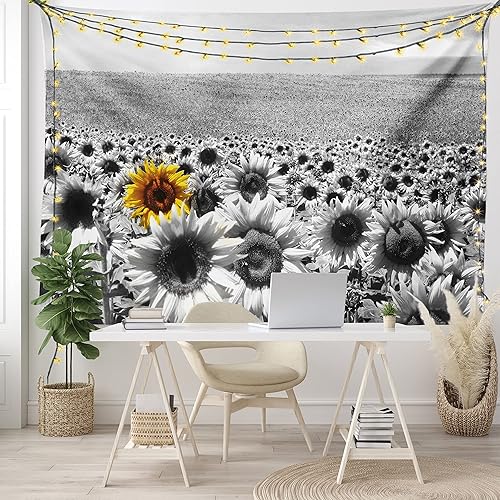 Lunarable Tapiz moderno, campo de girasol, blanco y negro, una sola flor amarilla, paisaje, individualidad, decoración de tela para colgar en la
