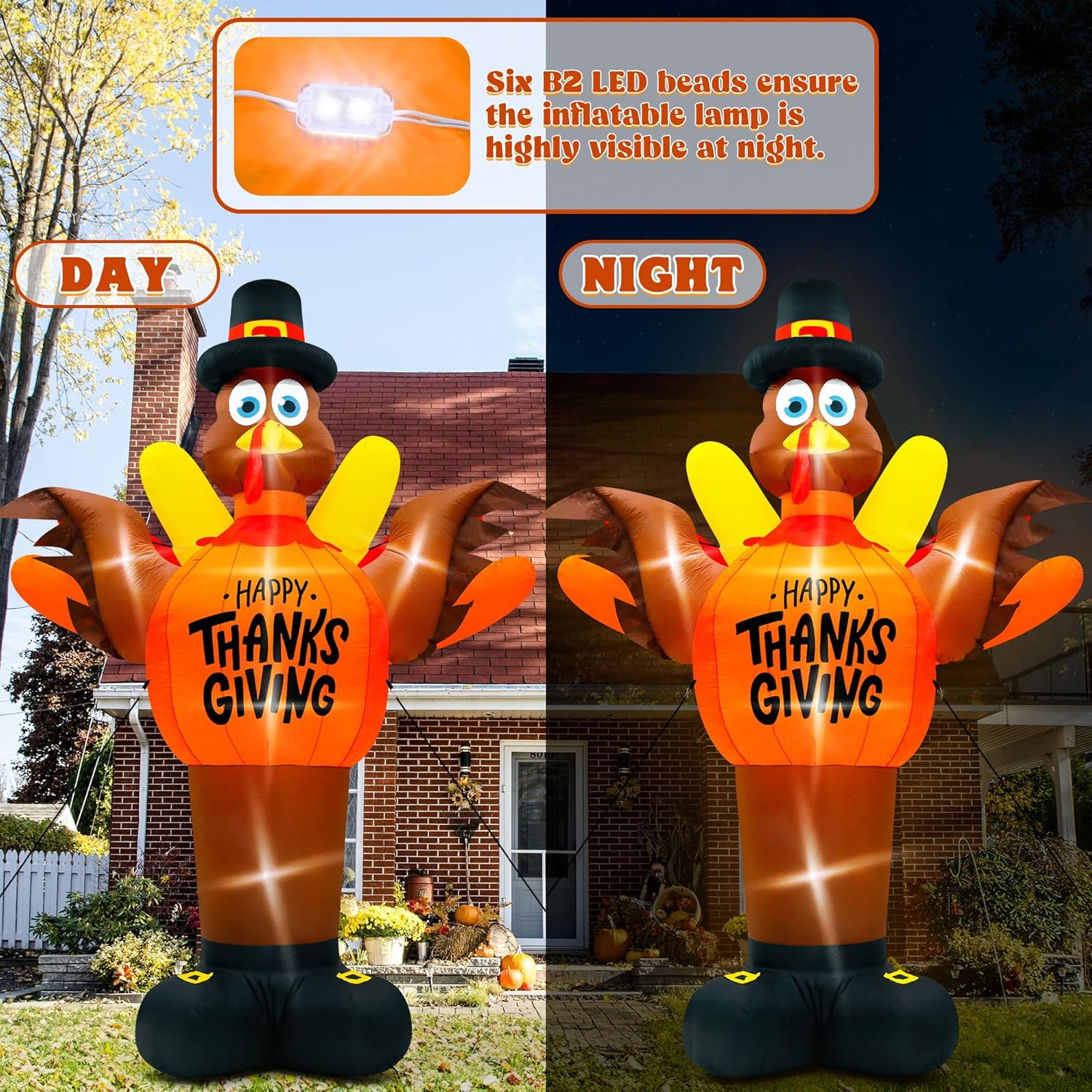14FT Thanksgiving Turkey Inflatables, Extra Large Blow Up Thanksgiving Turkey Wearing Pumpkins, Pre-lit Happy Thanks Giving Outdoor Inflatable Decorations
