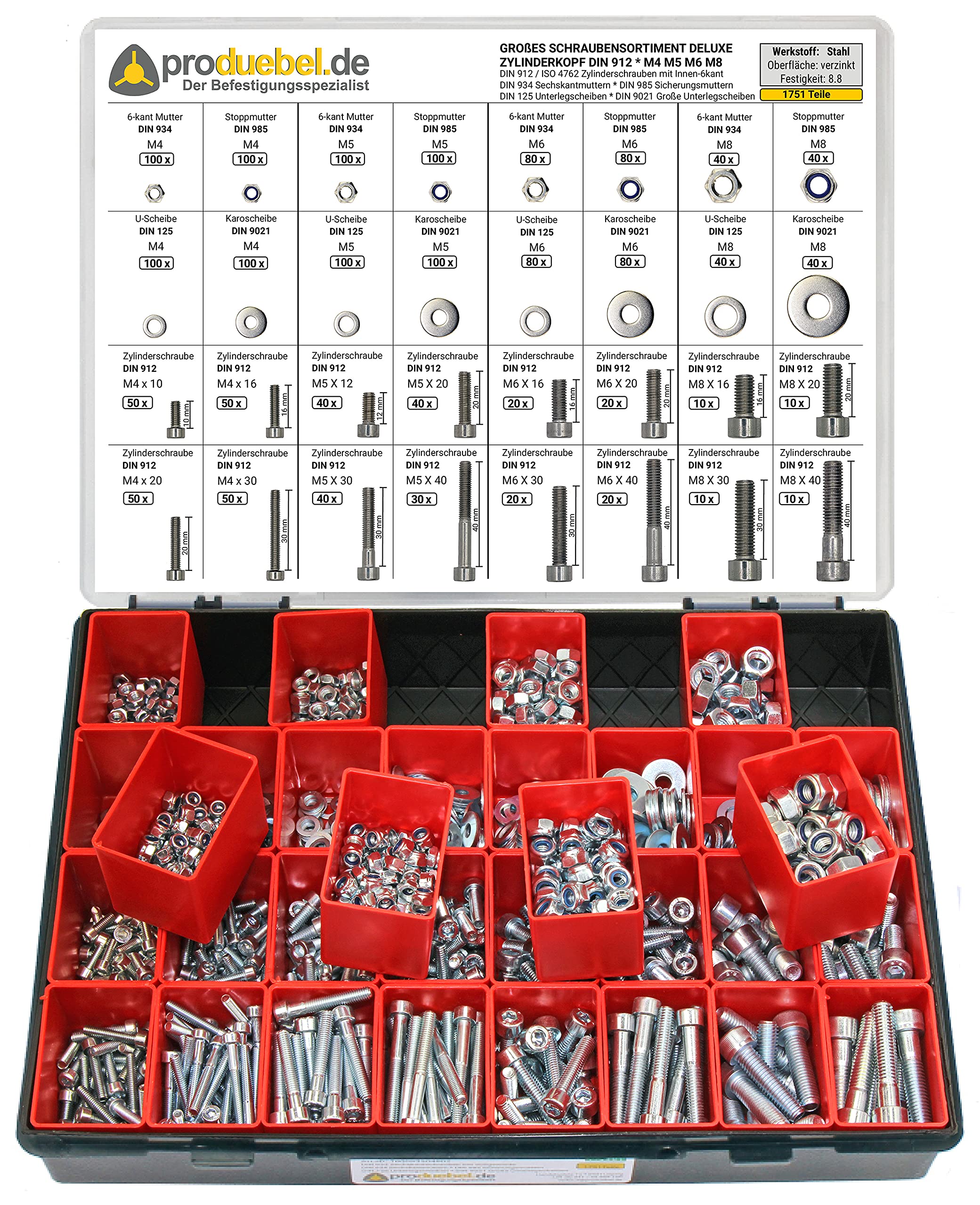Großes Schrauben-Sortiment DIN 912 Zylinderkopf M4/M5/M6/M8 Stahl verzinkt 8.8 (DIN912+934+985+125+9021) 1751-tlg (Deluxe-Box)