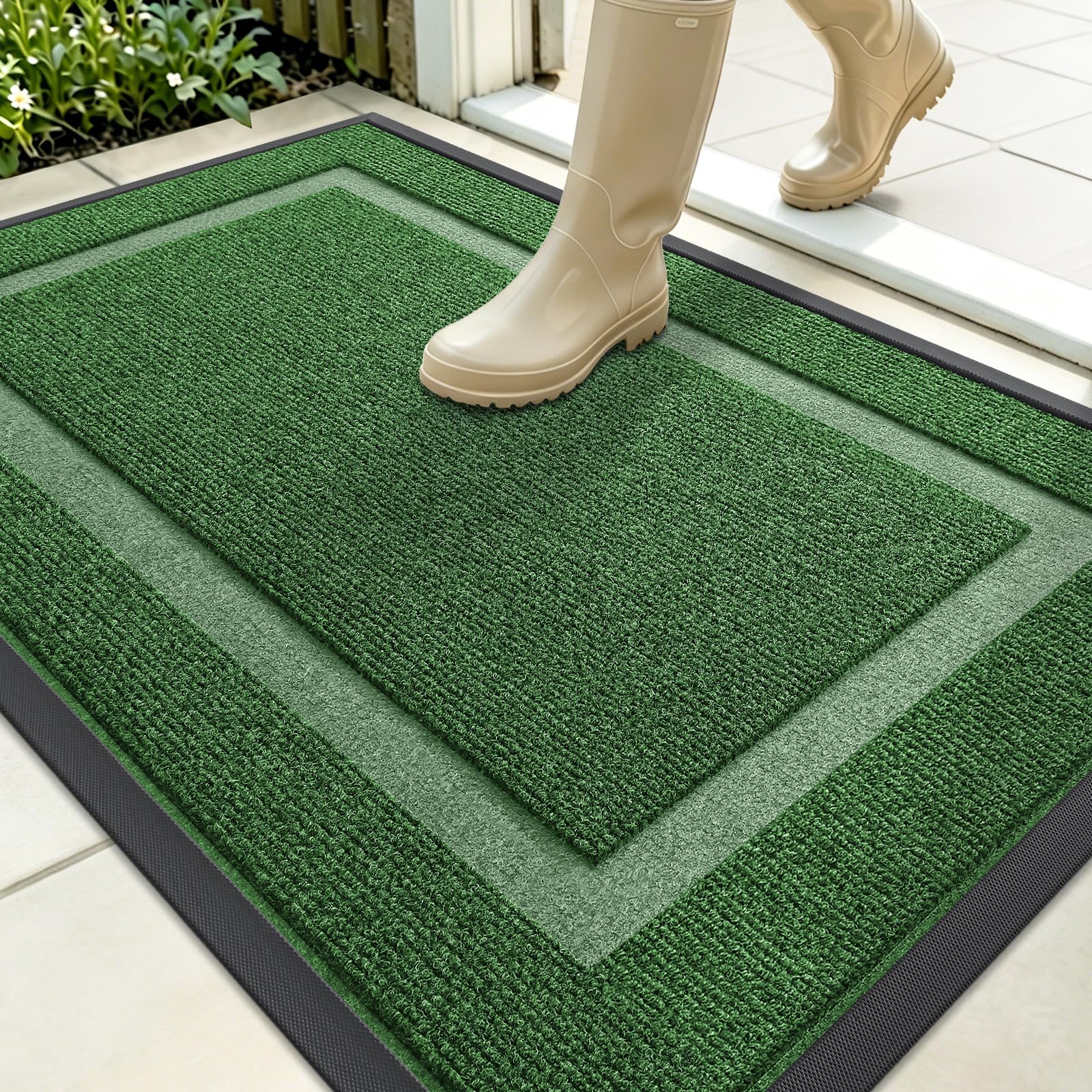 OLANLY Front Door Mat Outside 35x23, All-Season Heavy-Duty Rubber Doormat | Green, Absorbent, Stain and Fade Resistant, Waterproof Non-Slip Backing, Low-Profile Indoor Outdoor Floor Mat for Entryway