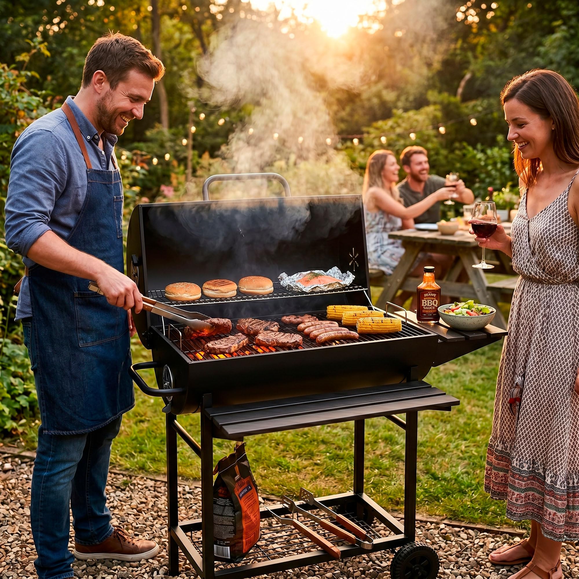 Springos Grill na węgiel drzewny, grill na kółkach z kółkami, z regulacją wysokości, misa węglowa, termometr, ruszt do podgrzewania, półki boczne, BBQ Smoker, grill ogrodowy na taras, kemping, balkon