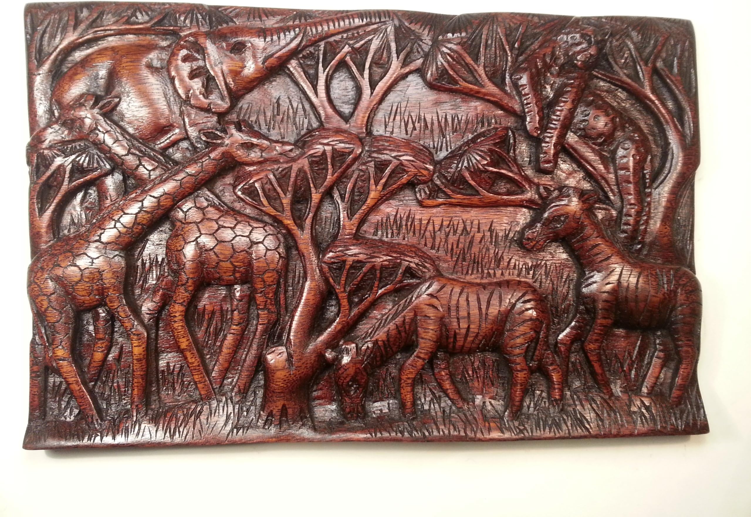 African Wooden Hand Carved Plaque: Elephant, Leopard, 2 Giraffes and 2 Zebras
