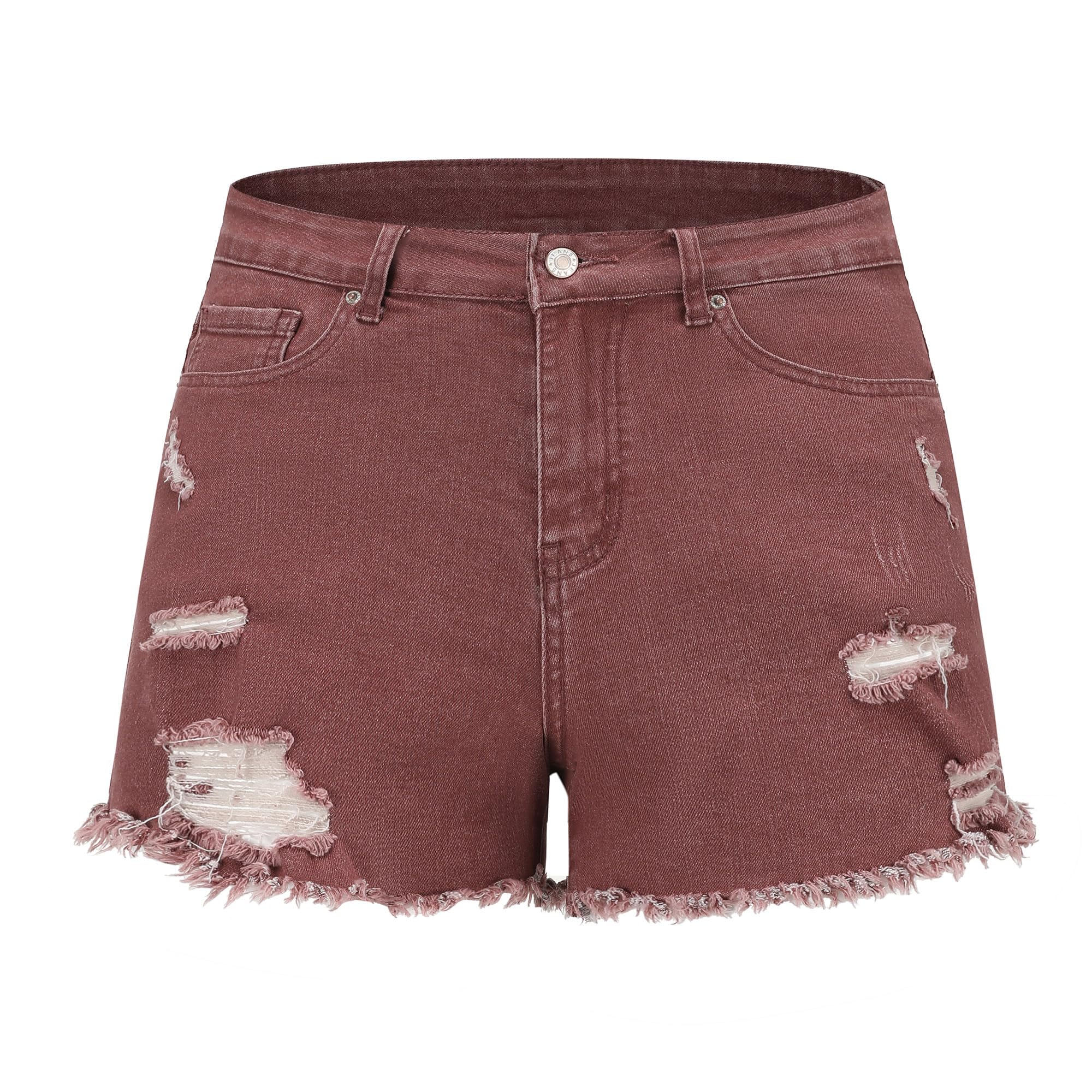 THUNDER STAR Women Mid Rise Ripped Stretchy Jeans Shorts Frayed Raw Hem Casual Denim Shorts