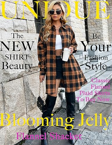 Miniatura 4 de Blooming Jelly Camisas de franela abotonadas para mujer, chaqueta tipo camisa a cuadros de manga larga con cuello, abrigos tipo chaqueta larga