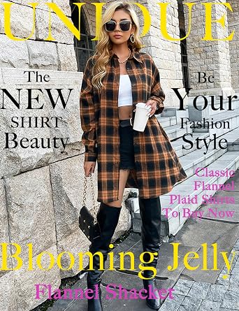 Blooming Jelly Women's Button Down Flannel Shirts Plaid Shacket Long Sleeve Collared Long Jacket Coats