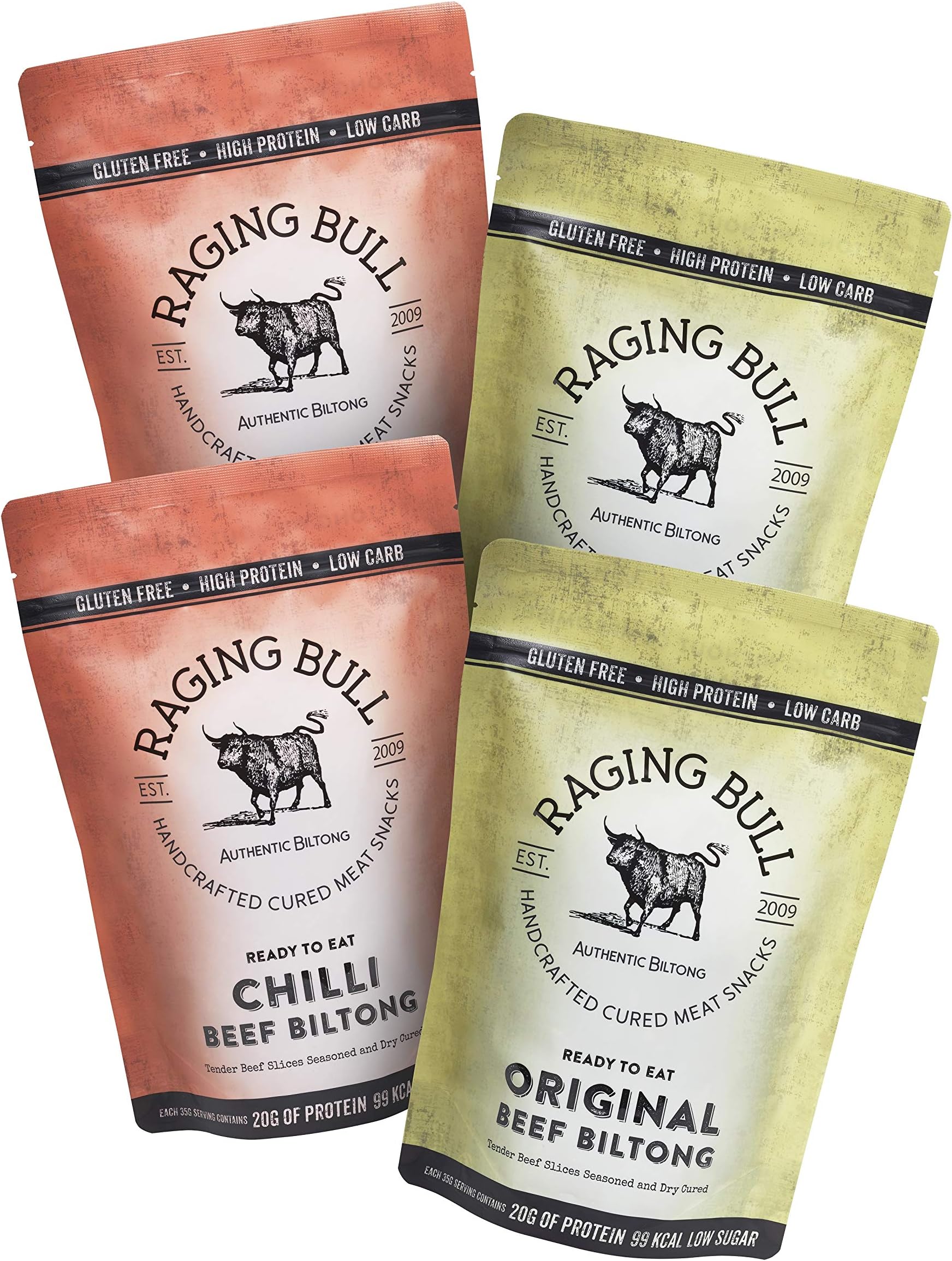 Raging Bull 1kg Biltong Combo - 2x250g Original & 2x250g Chilli Beef Biltong - High Protein Snacks - Grass Fed Beef Biltong - Low Carb Keto Snacks - MSG Free Carnivore Snacks - Meat Low Calorie Snacks