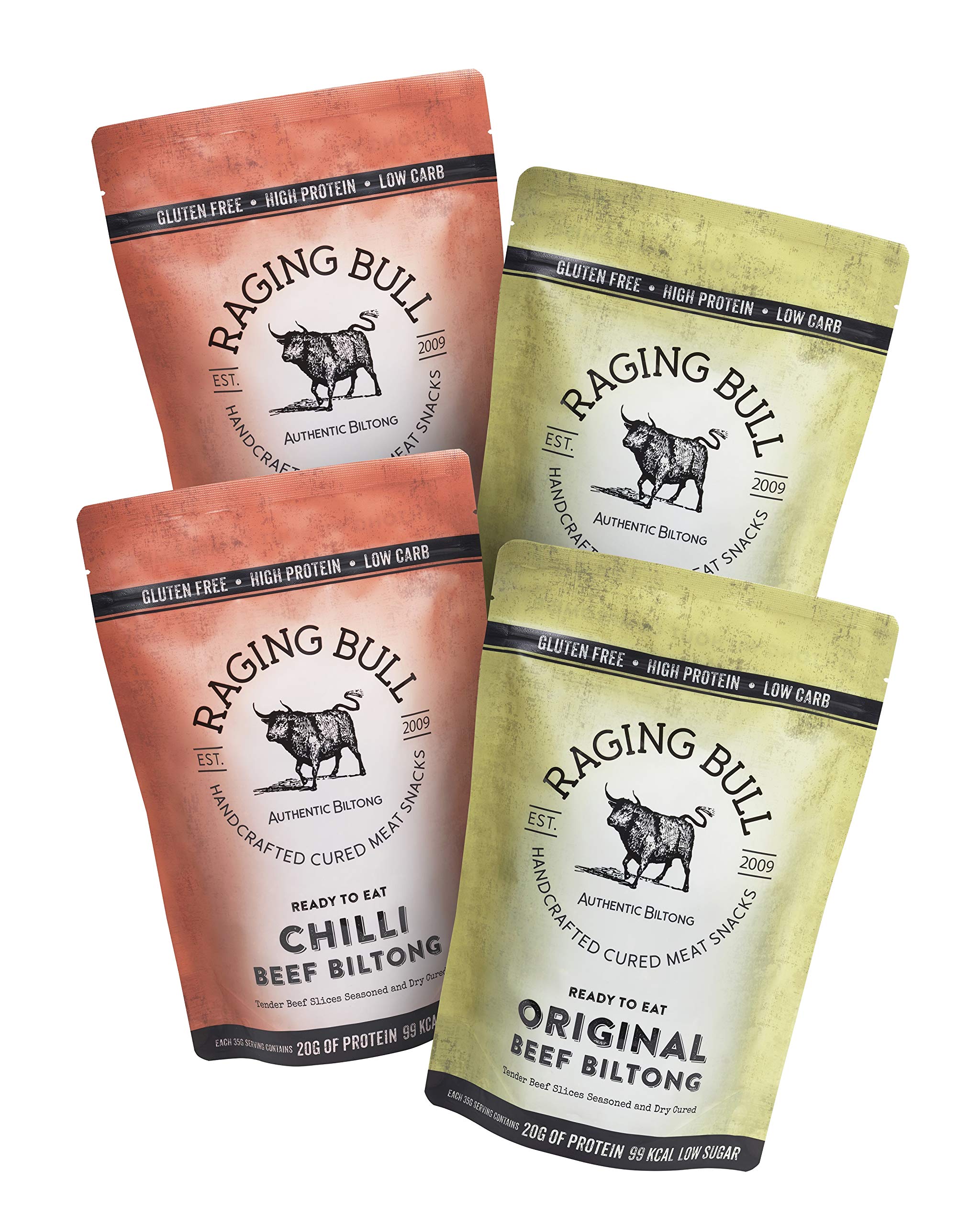 Raging Bull 1kg Biltong Combo - 2x250g Original & 2x250g Chilli Beef Biltong - High Protein Snacks - Grass Fed Beef Biltong - Low Carb Keto Snacks - MSG Free Carnivore Snacks - Meat Low Calorie Snacks