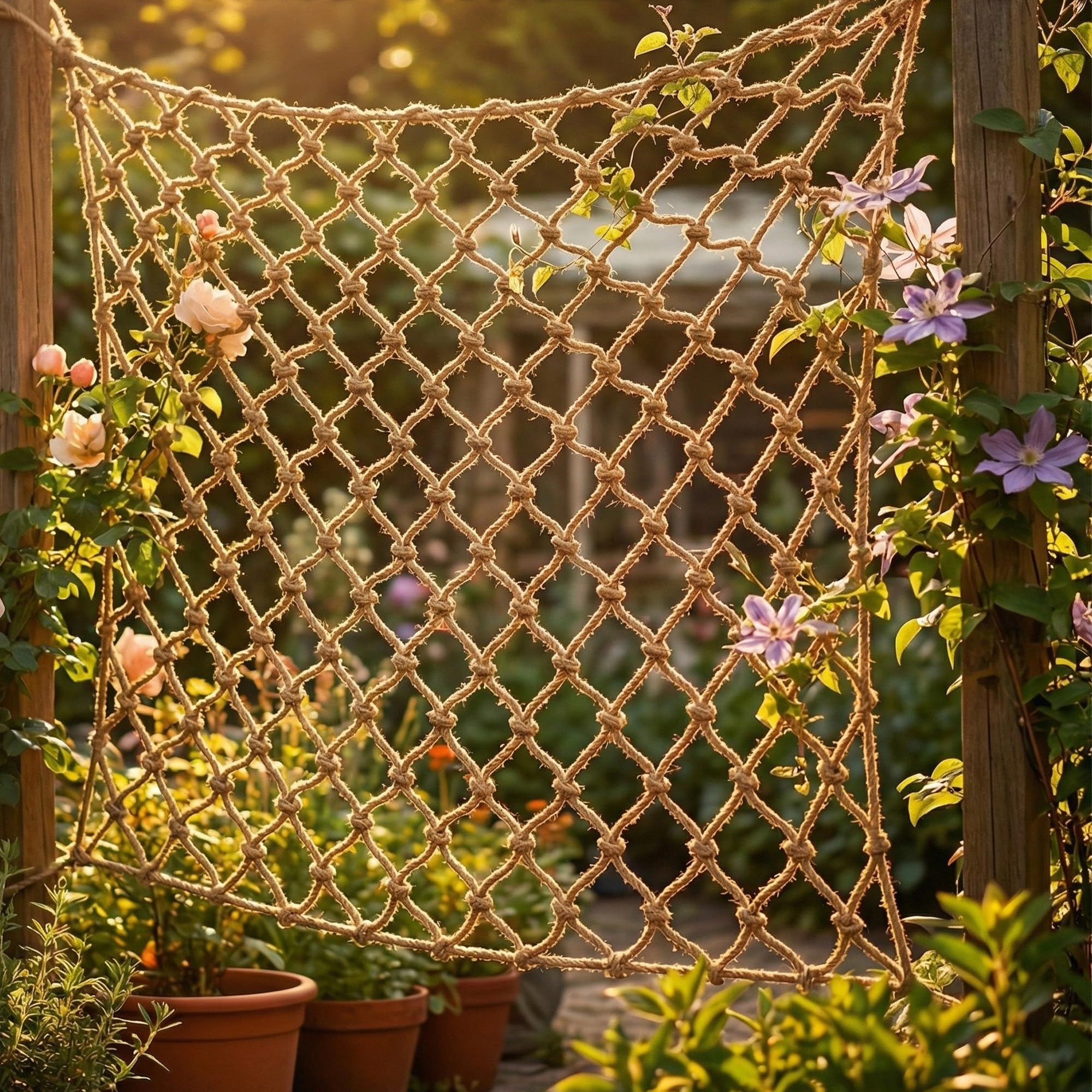 Filet de Jute pour Plantes 180 x 180 cm, Filet à Ramer Naturel pour Plantes Grimpantes et Tomates