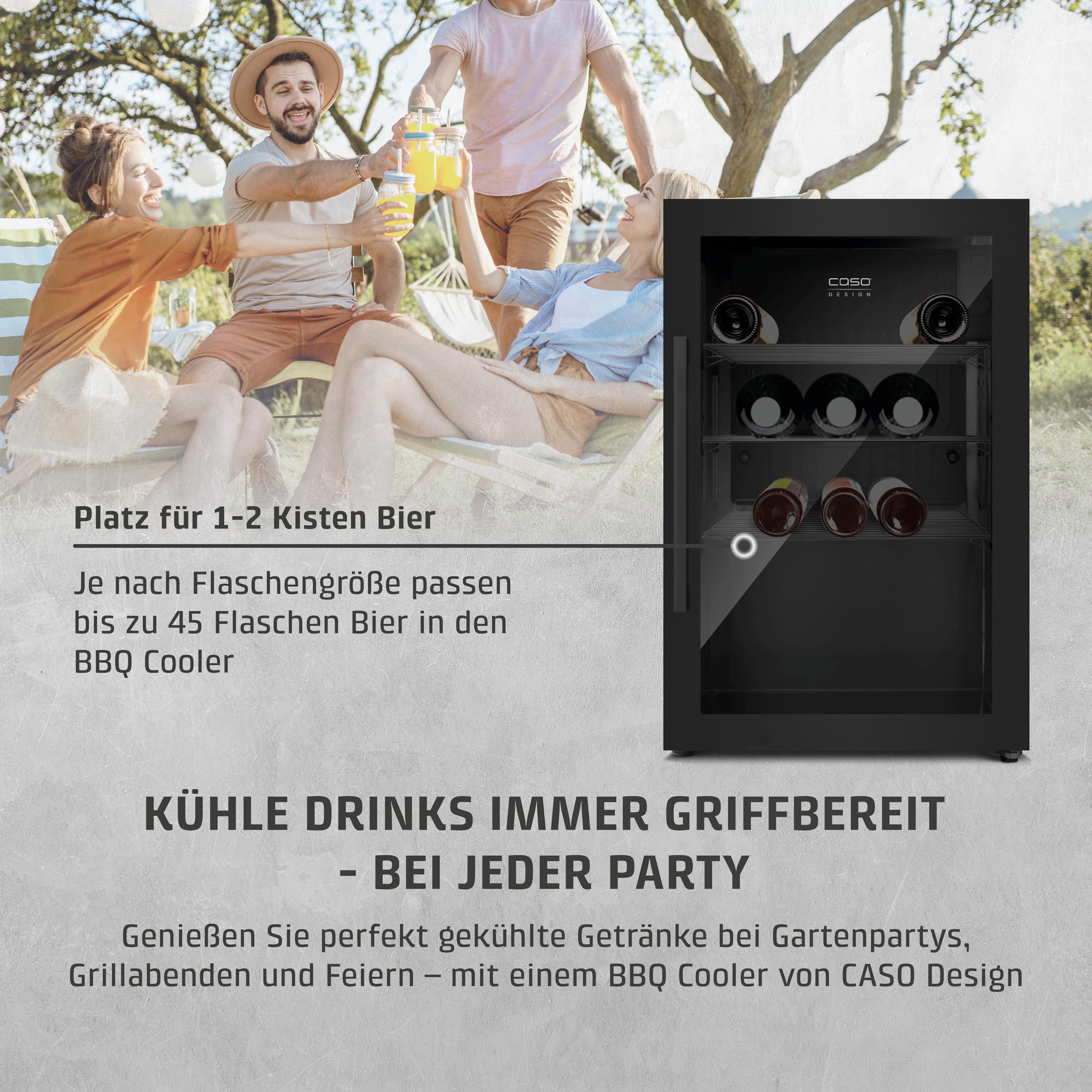 Caso BBQ Cooler S-R Black Kühlschrank 63L Türanschlag rechts Temperatur -1-10°C IPX4 Spritzwasserschutz UV Sicherheitsglas abschließbar