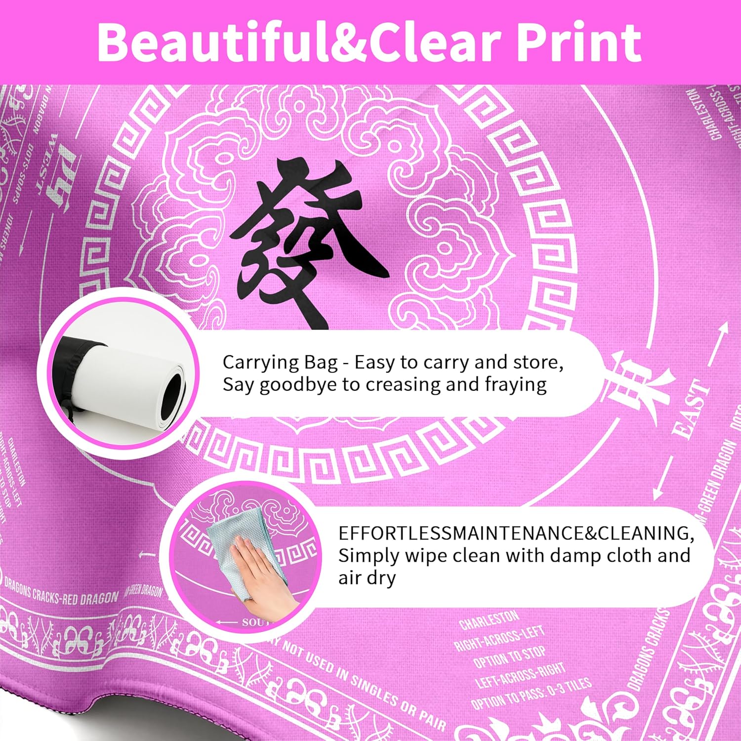 Mahjong Mat with Black Carrying Bag, 31.5"x31.5" Anti-Slip Noise Reduction Gaming Mat for Mahjong, Poker, Board Games, 3 Dice & Black Storage Bag