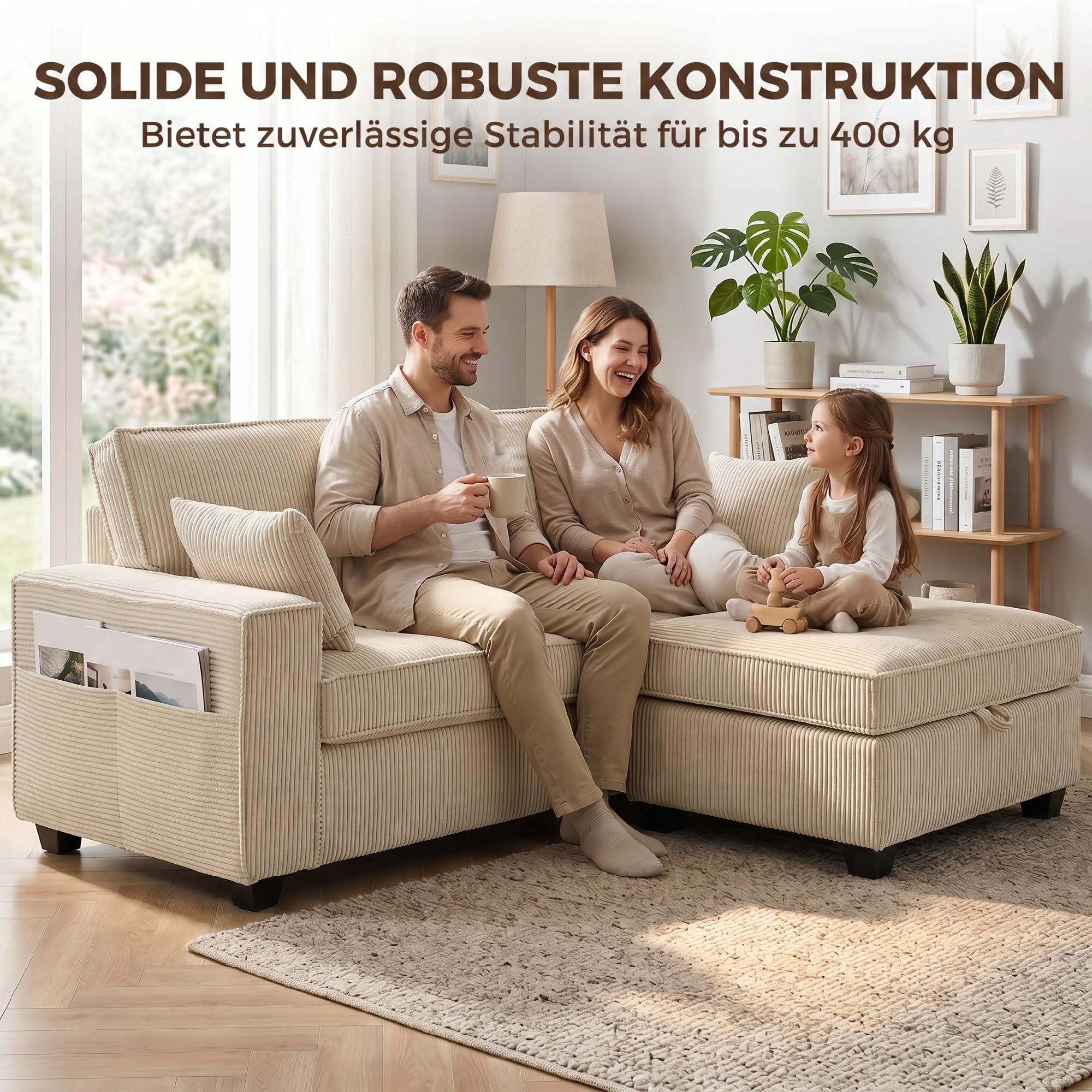 HOMCOM Ecksofa 216 cm L-Form mit Umkehrbarem Aufbewahrungshocker Beige