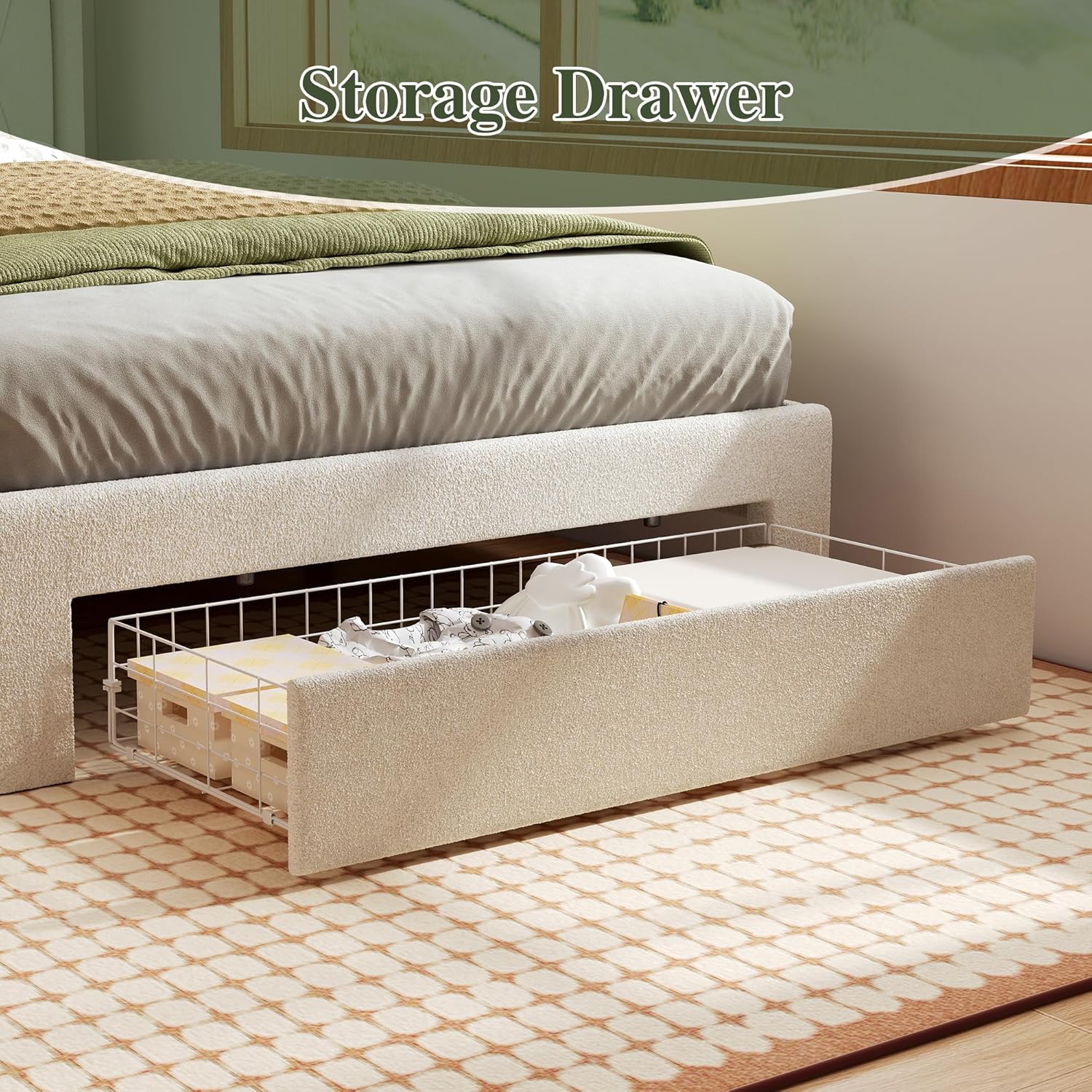 Twin Size Bed Frame with Storage Drawer, Upholstered Platform Bed with LED Lights, USB Charging Station & Button Tufted Headboard, Easy to Assemble, Noise Free, Beige