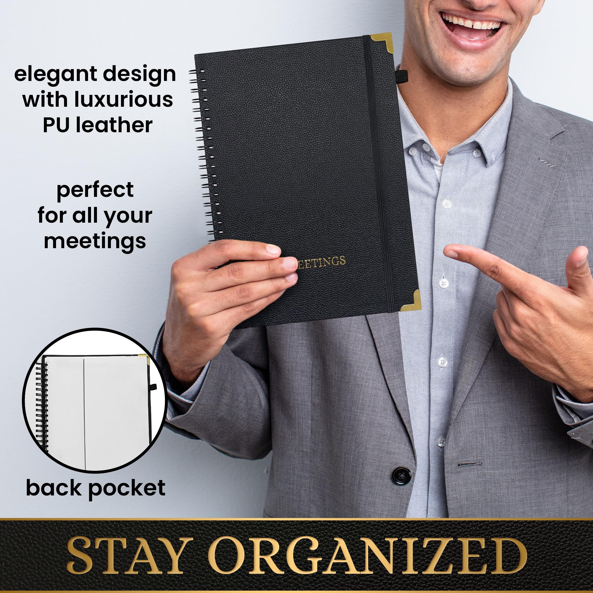 3 quaderni per riunioni da lavoro, viene fornito con una penna e un porta biglietti da visita, pelle PU, notebook per riunioni, angolo in metallo nero e oro, 17,8 x 25,4 cm, pianificatore aziendale