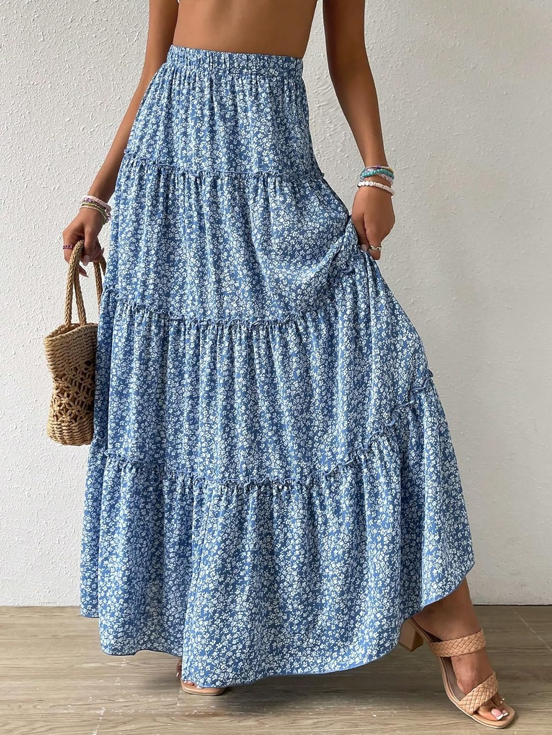 Verdusa Women's Floral Print Elastic High Waist Pleated Ruffle Flowy Long Skirts - Image 3