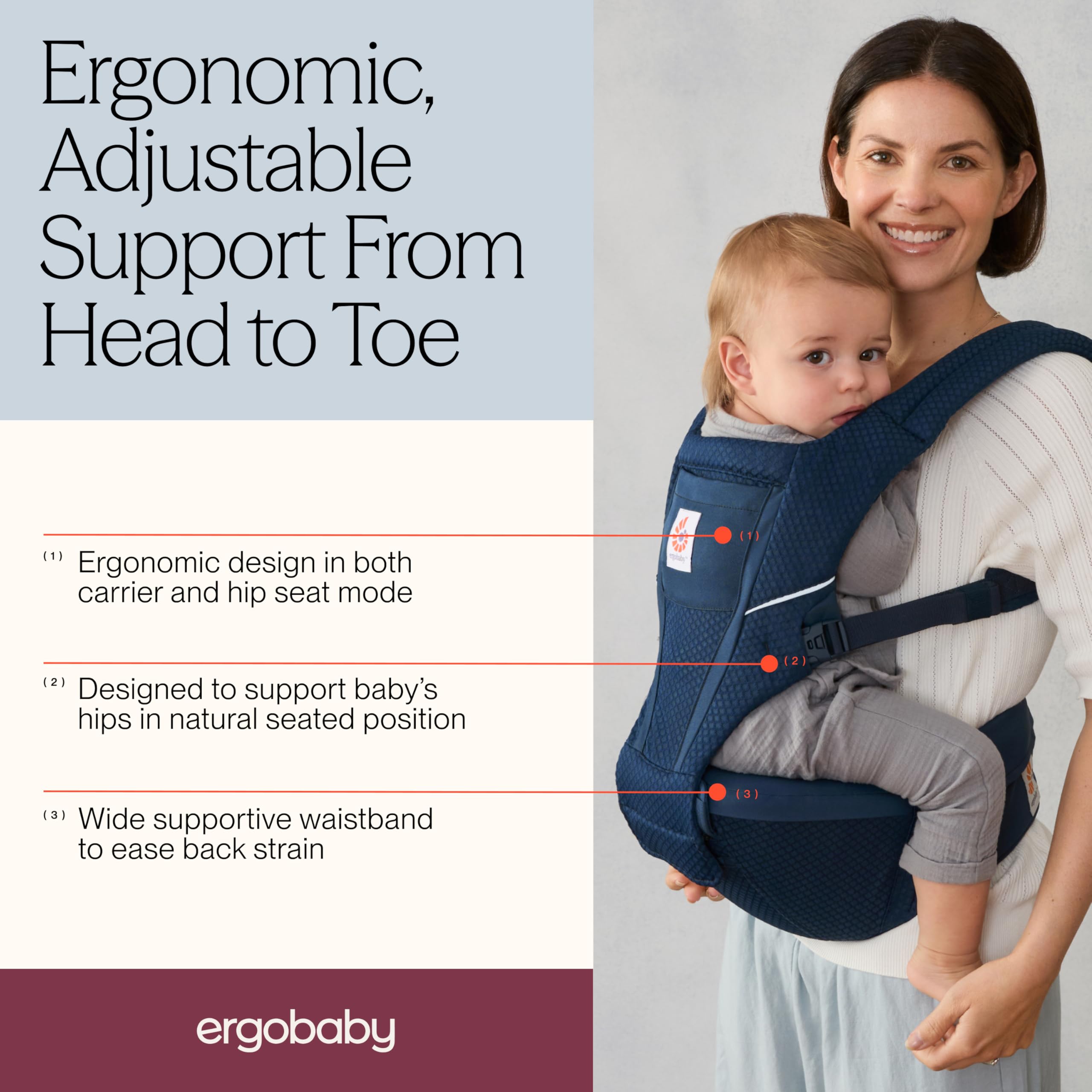 Ergobaby Alta Hip Seat Babytrage mit Babyhüftsitz für Babys und Kleinkinder ab 4 Monaten (5,5 kg - 20,4 kg), Hüftsitz Trage Hüfttrage mit SoftFlex Mesh