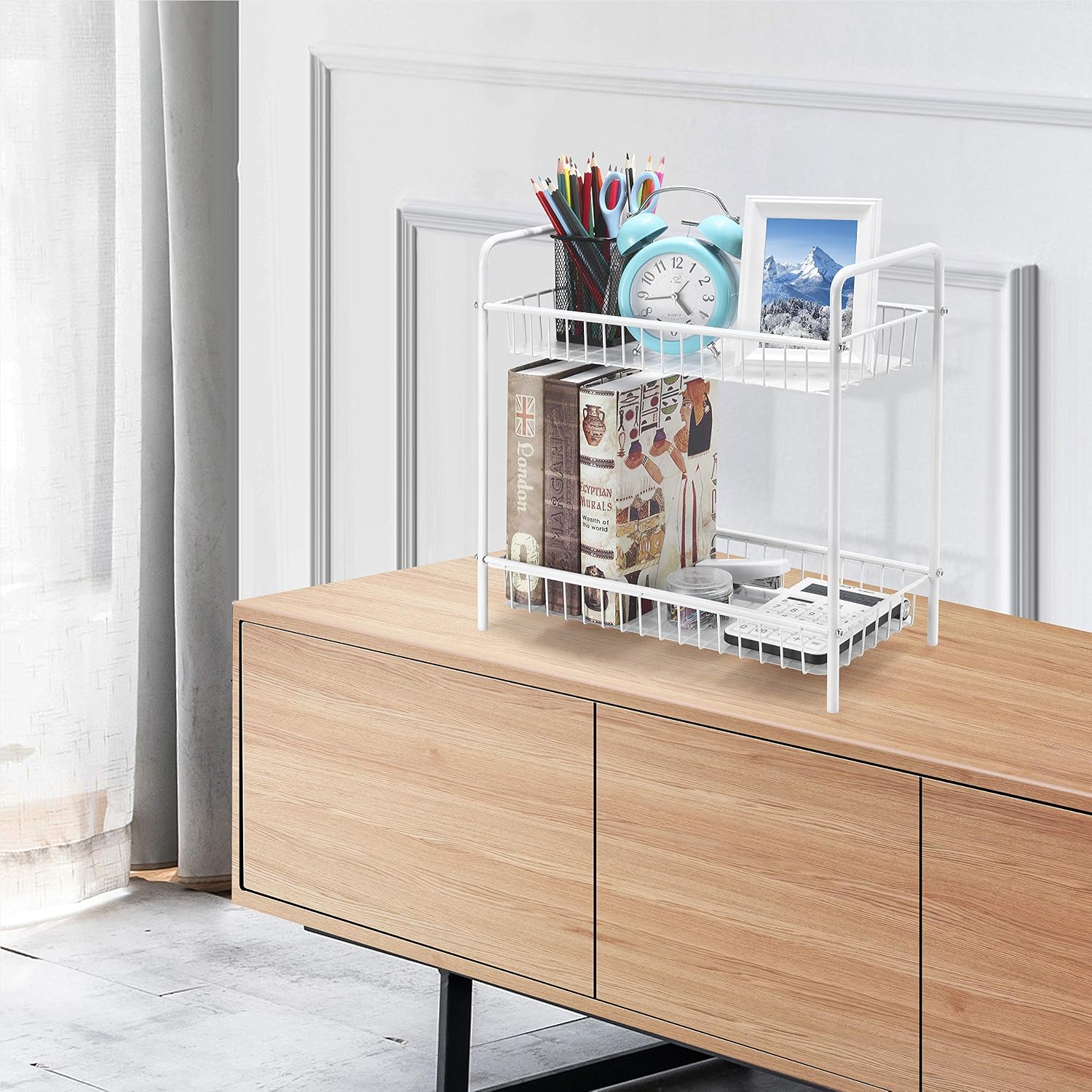 Simple Trending 2-Tier Wire Spice Rack Organizer, Spice Shelf Storage Holder Standing Cabinet for Kitchen Bathroom, White