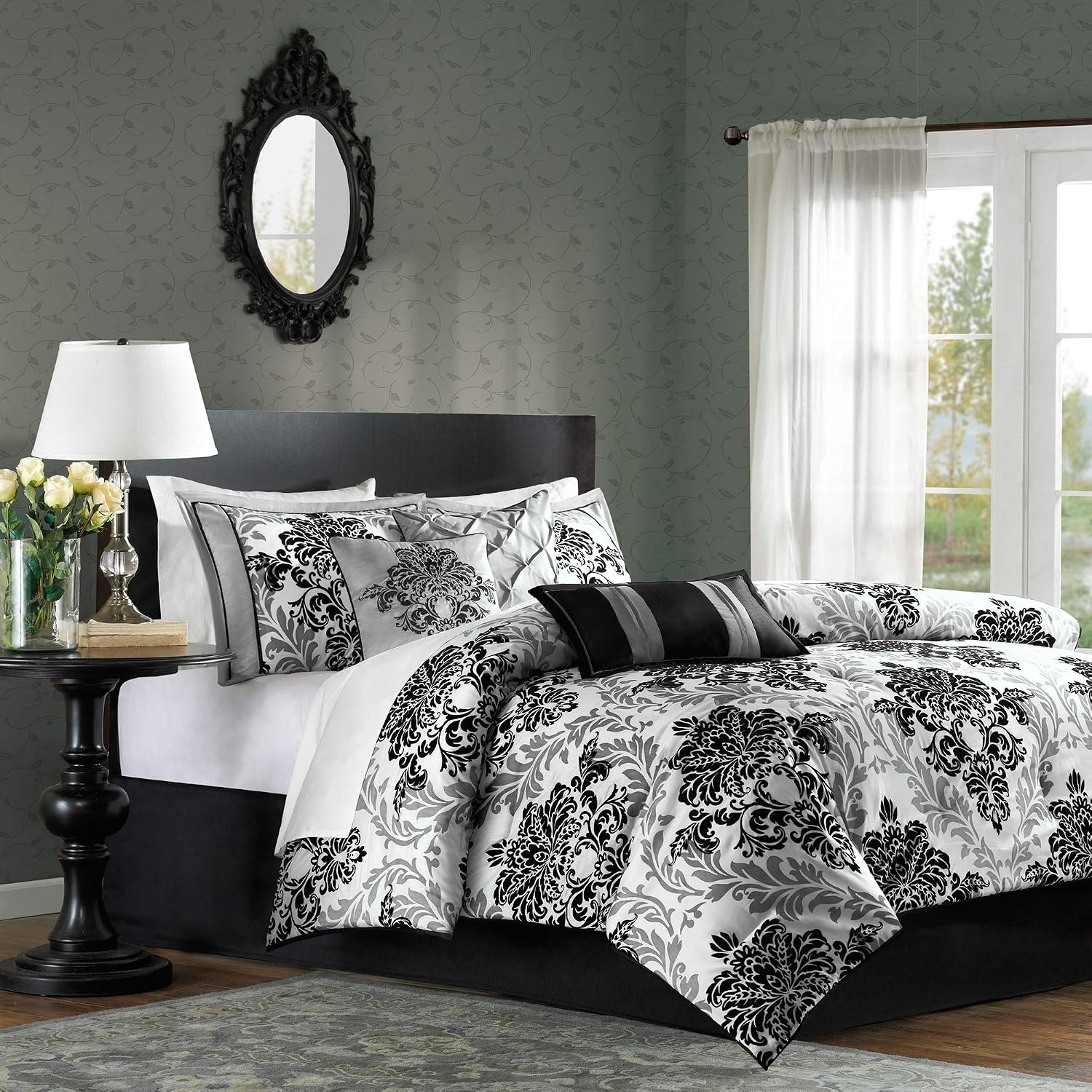 Madison Park Bella Cozy Comforter Set - Casual Damask Design, All Season Cozy Bedding, Matching Bedskirt, Shams, Decorative Pillows, King(104 in x 92 in), Black 7 Piece