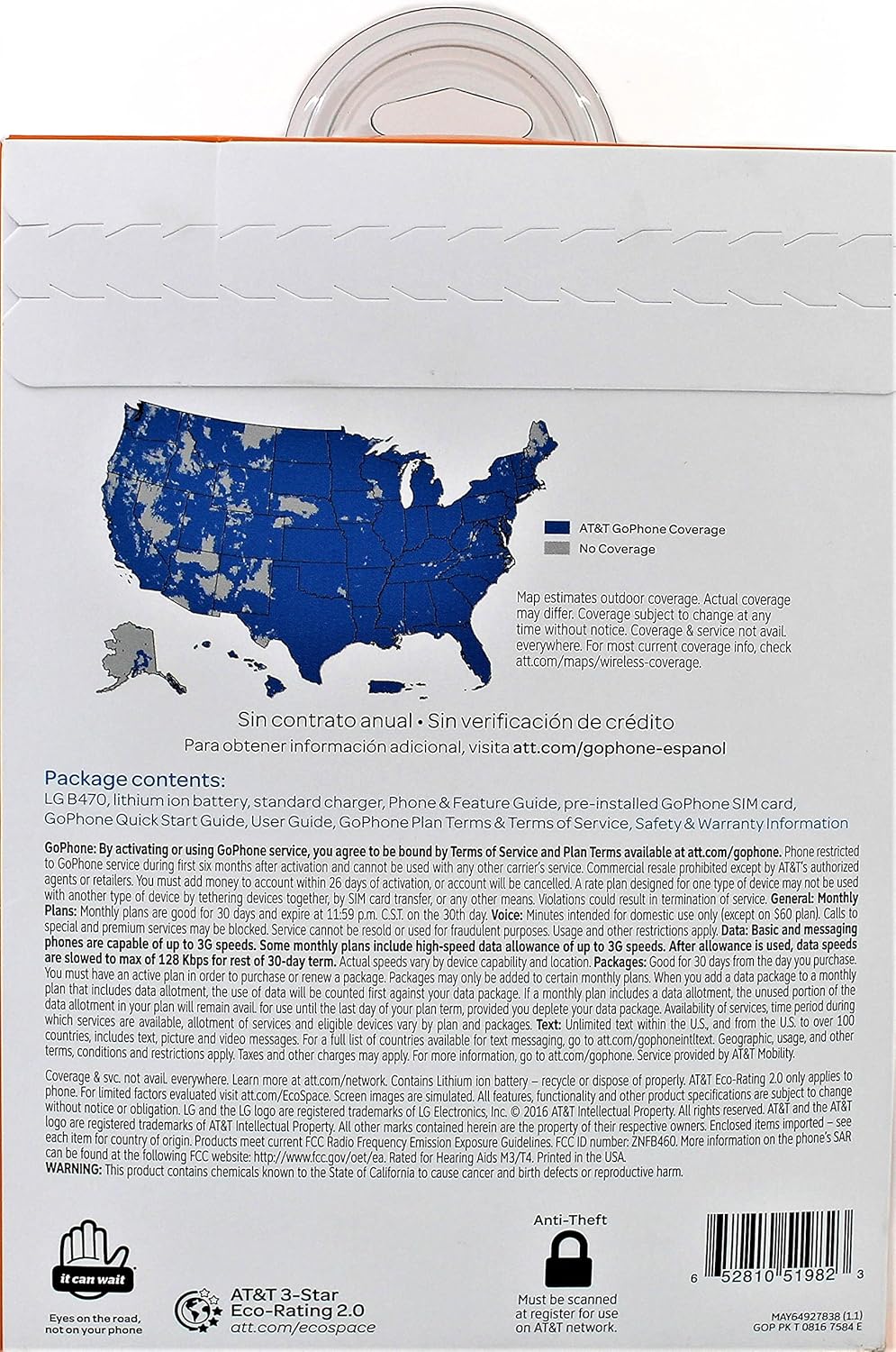 Back of LG B470 phone packaging showing legal text, AT&T GoPhone terms, coverage map, and battery disposal warnings.