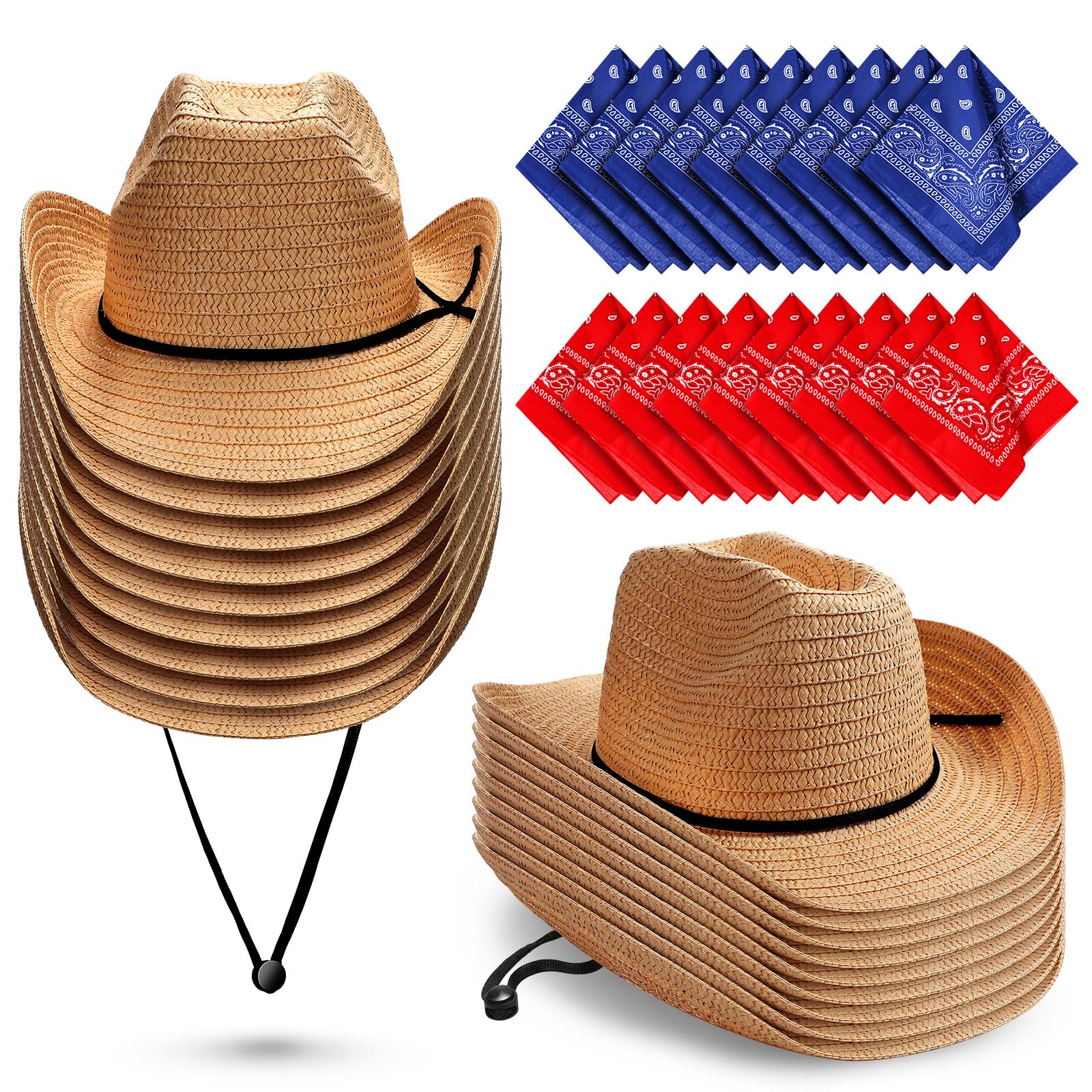 Zhanmai 18 Set Cowboy Hats and Bandanas Set - Straw Hats, Western Bandanas, Party Cowboy Costume Accessories