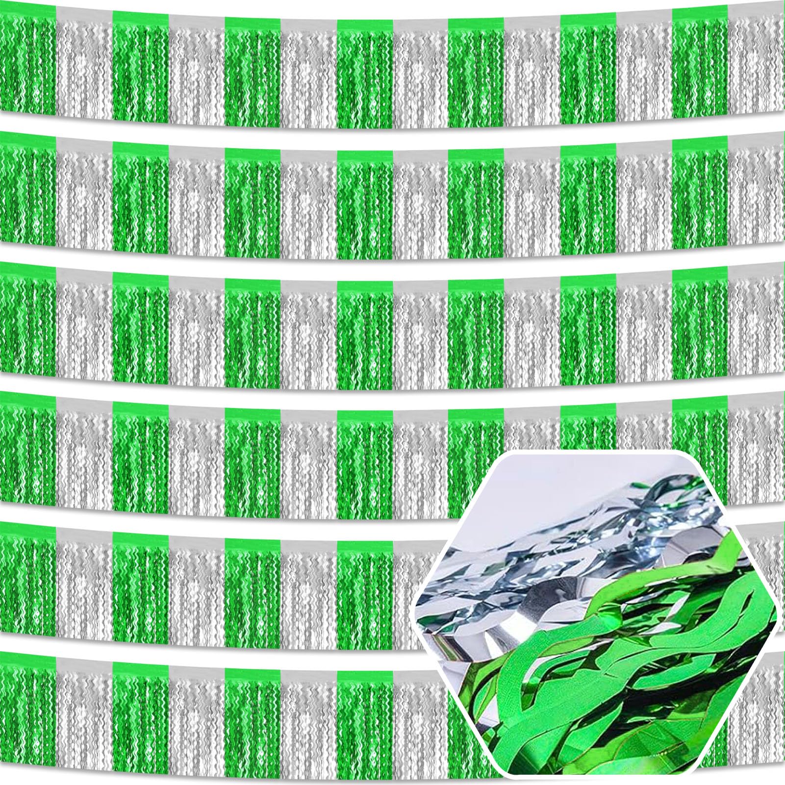 6 Pack 10 Feet Silver Green Wave Foil Fringe Garland Metallic Tinsel Streamers Banner Wall Hanging Curtain Backdrop for Parade Floats, Mother's Day, Easter, Wedding, Birthday Party Decoration