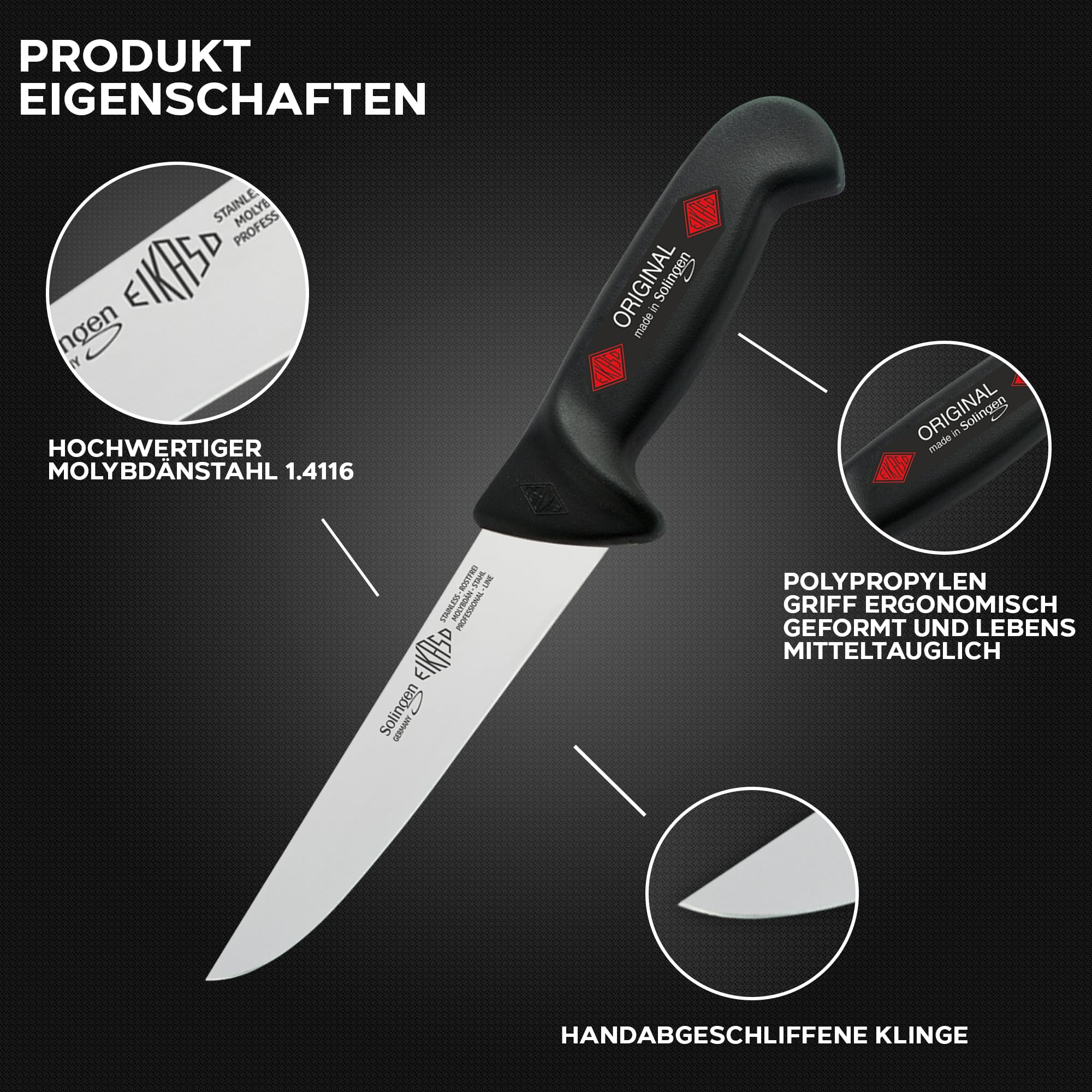 EIKASO Solingen 3-Teiliges Profi Messer Set geeignet als Metzgermesser, Fleischermesser, Schlachtermesser, Ausbeinmesser & Kochmesser aus Molybdänstahl 1.4116 für Profis und Privat (Deutschland)