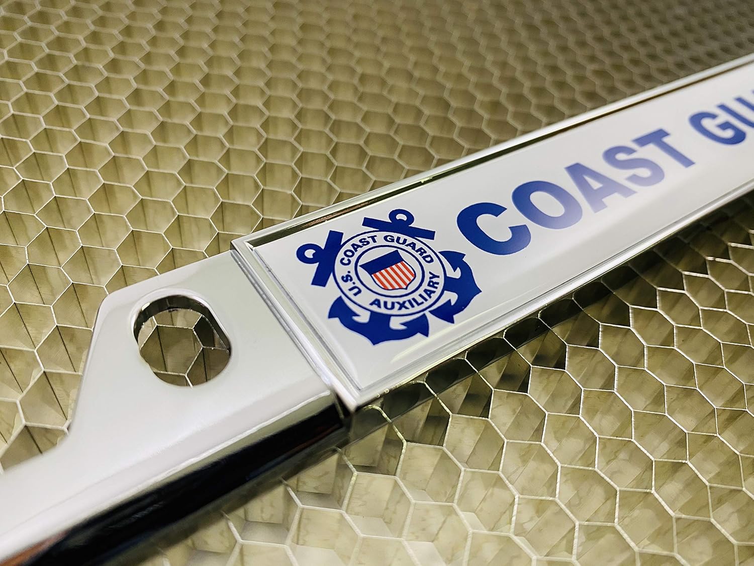 U.S. Coast Guard - Domed Custom-Made Personalized Narrow (Thin) Top 4 Hole Metal Car License Plate Frame with Free caps - Chrome (Quantity: 1 Frame)