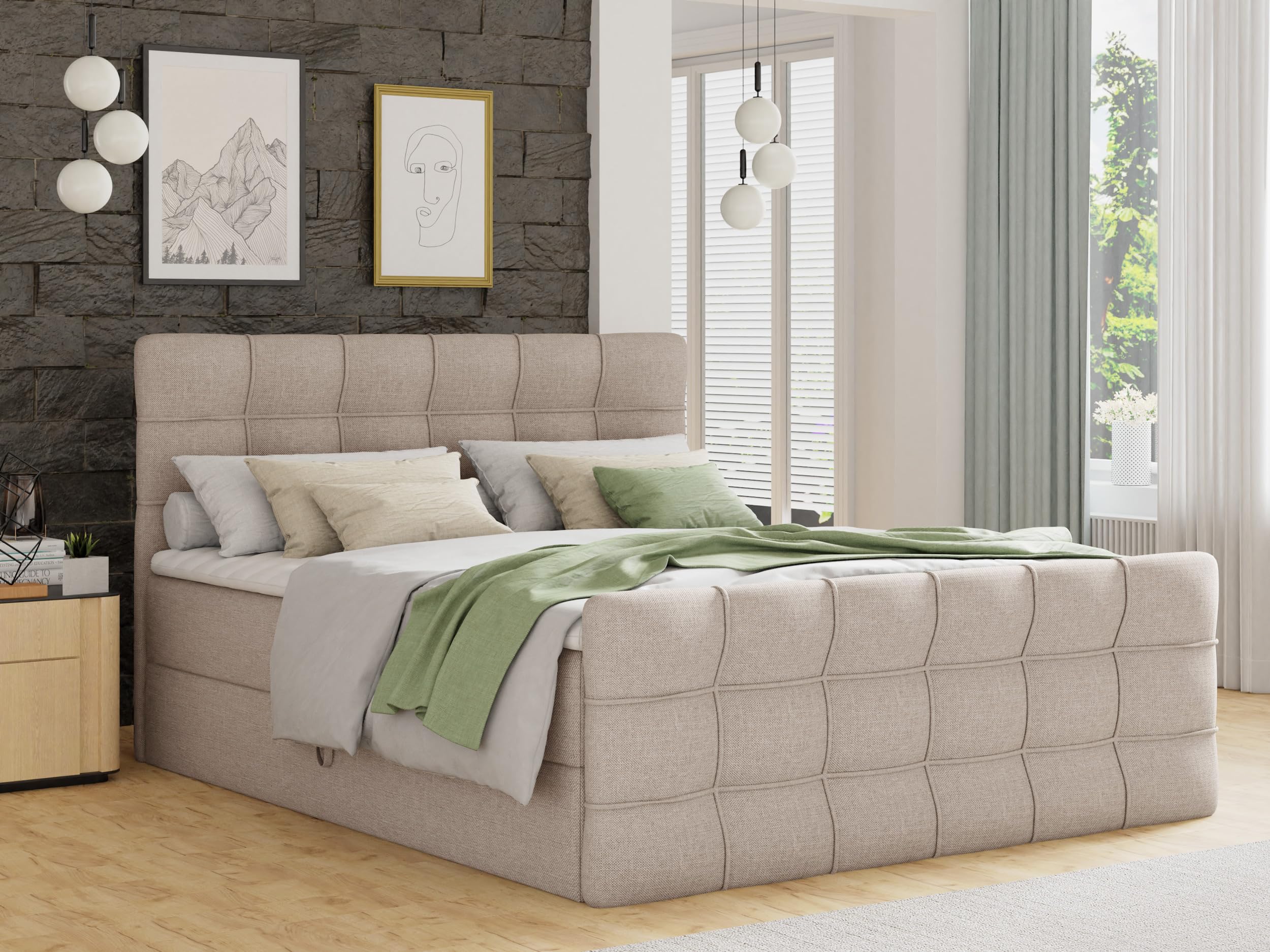 Sofnet Boxspringbett Best Lux mit Fußteil, 2 Bettkästen und Topper - Doppelbett, Bonell-Matratze, Polsterbett, Bett, Betten, Bettgestell, Schlafzimmer (Beige (Inari 22), 140 x 200 cm)