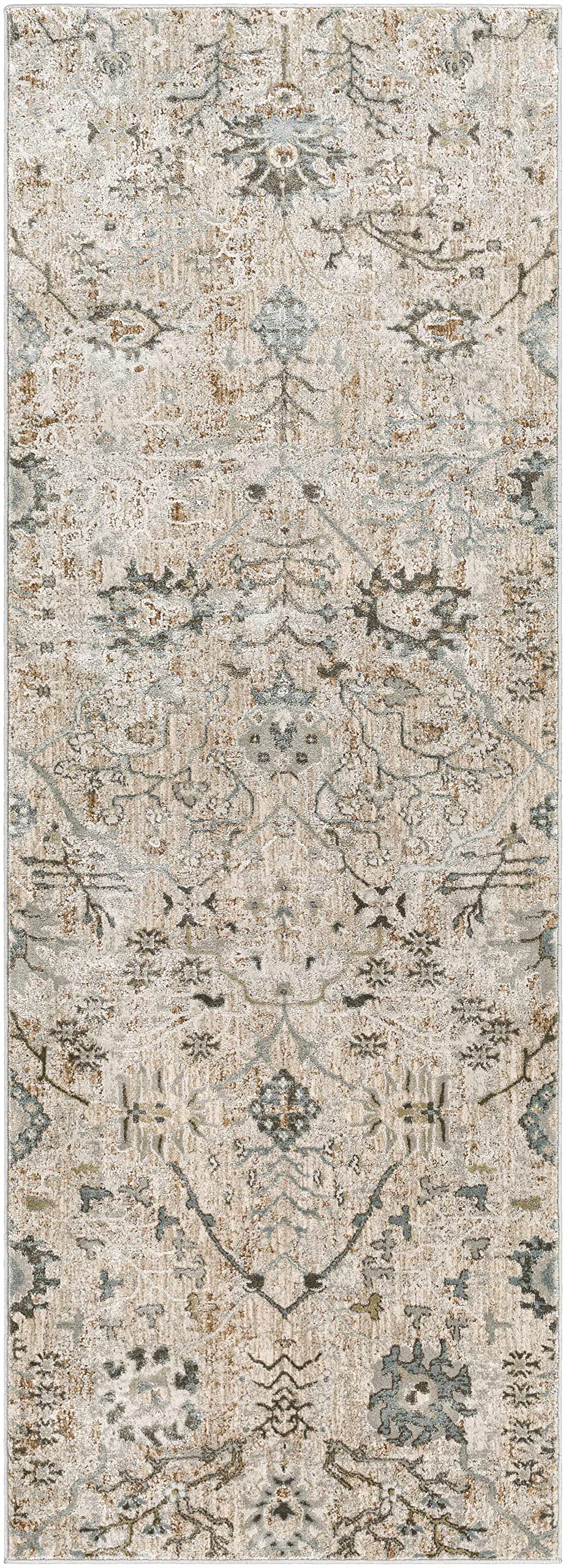 Hauteloom Claydon Boho Vintage Traditional Oushak Runner Rug with Tassles - Farmhouse Oriental Floral Damask Carpet for Hallway - Taupe, Beige, Olive;