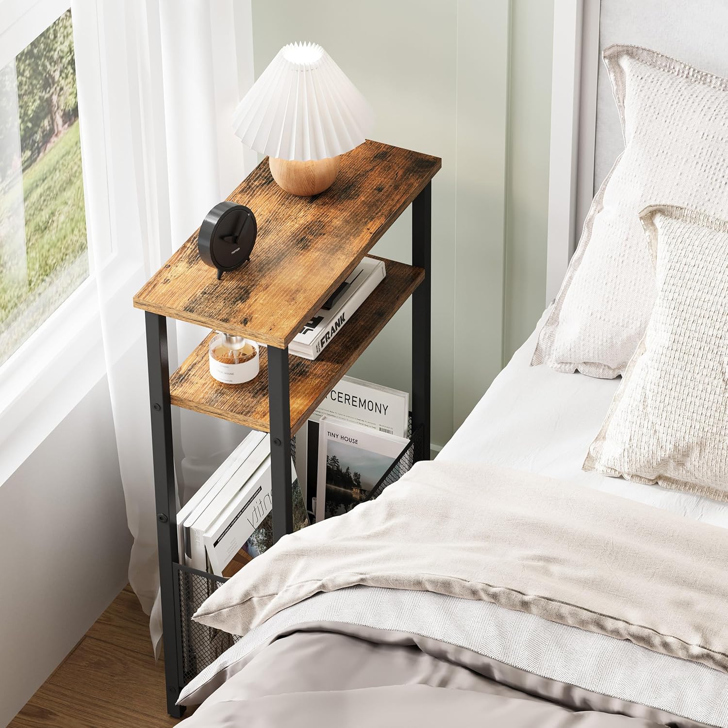 MMEOLUOOK Narrow Side Table with Storage Basket Skinny End Tables for Smalls Spaces 3 Tier Sofa Table Small Nightstand Slim Bedside Table for Living Room Bedroom Rustic Brown MLBZ22RB