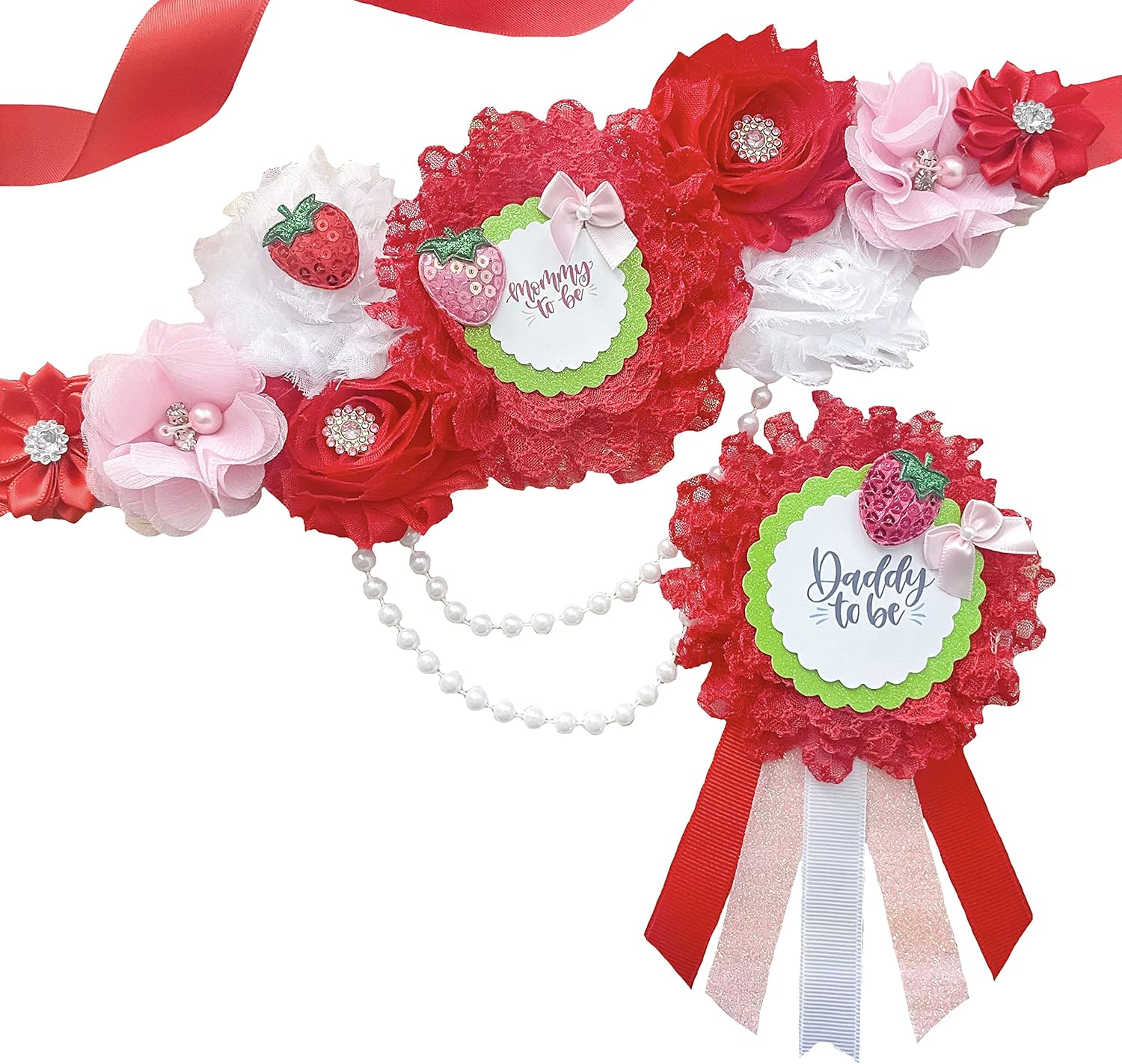 Strawberry Baby Shower Sash  Mom to Be Maternity Sash with Matching Dad Pin, Sweet Fruit Theme Party Accessory