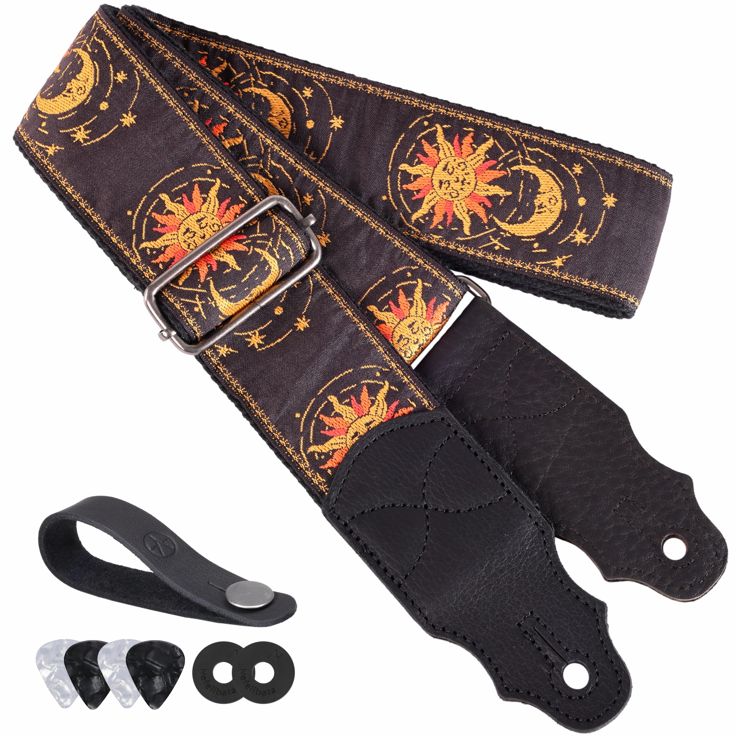 YIKOKO Guitar Strap Golden Sun, Cowhide Leather End, 2" Guitar Straps for Acoustic and Bass Electric Guitars Free Button