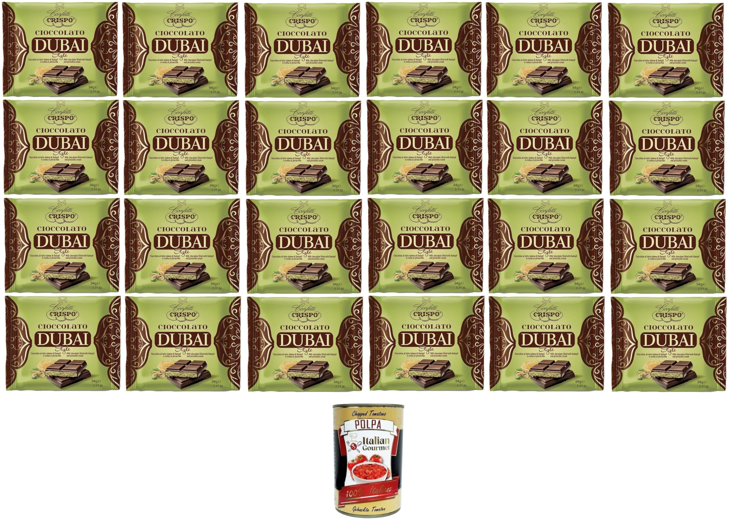 Italian Gourmet Dubai Style tavoletta cioccolato pistacchio 24 x 94g crema | Milchschokolade mit orientalischer Füllung, croccante, Genussidee per, Gesamtnettogewicht 2,256 kg + Kostenlos Polpa 400g