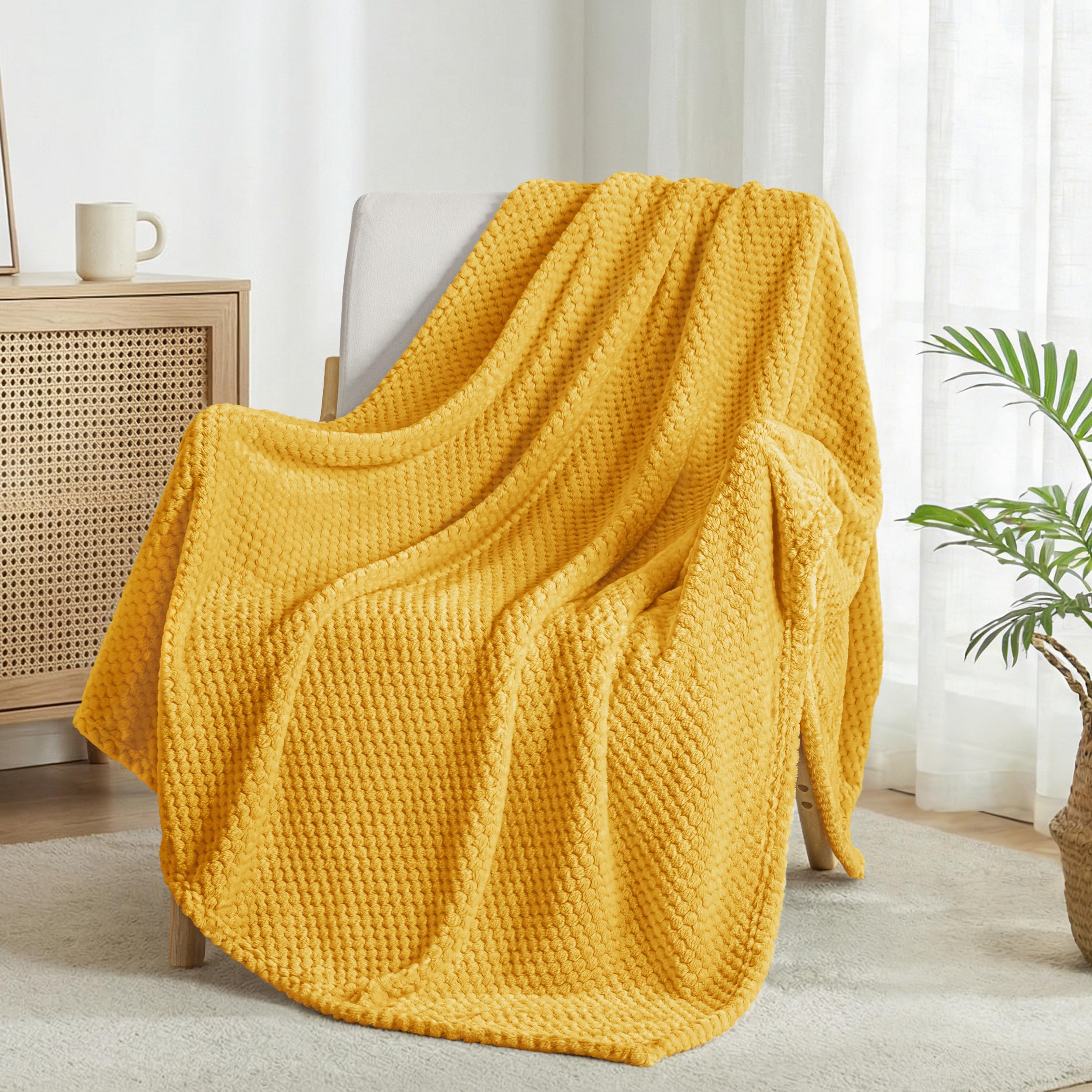 Photo 1 of Exclusivo Mezcla Waffle Fleece Throw Blanket, Mustard, 50x70 in