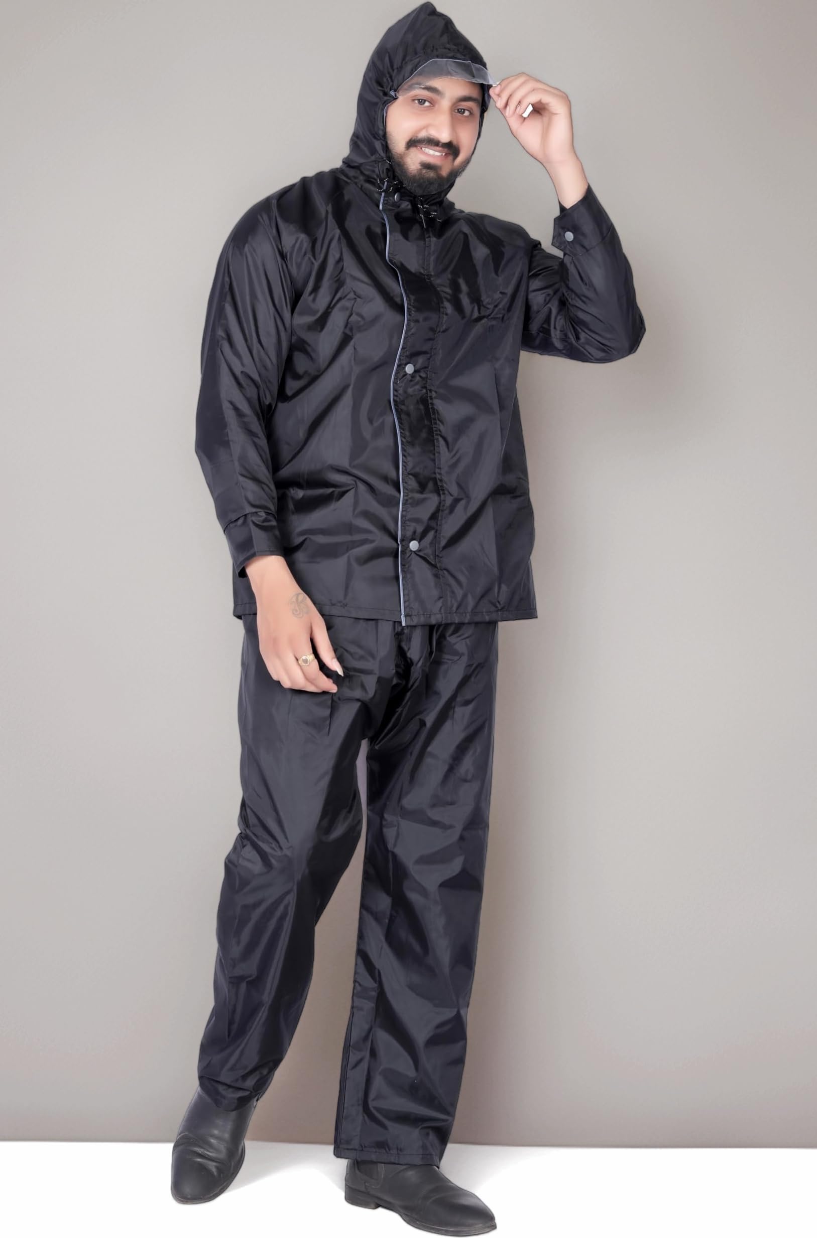 Raincoat 100% Waterproof Polyester Double Layer Standard Length Rain Coat For Men Bike with Pants, Adjustable Hood