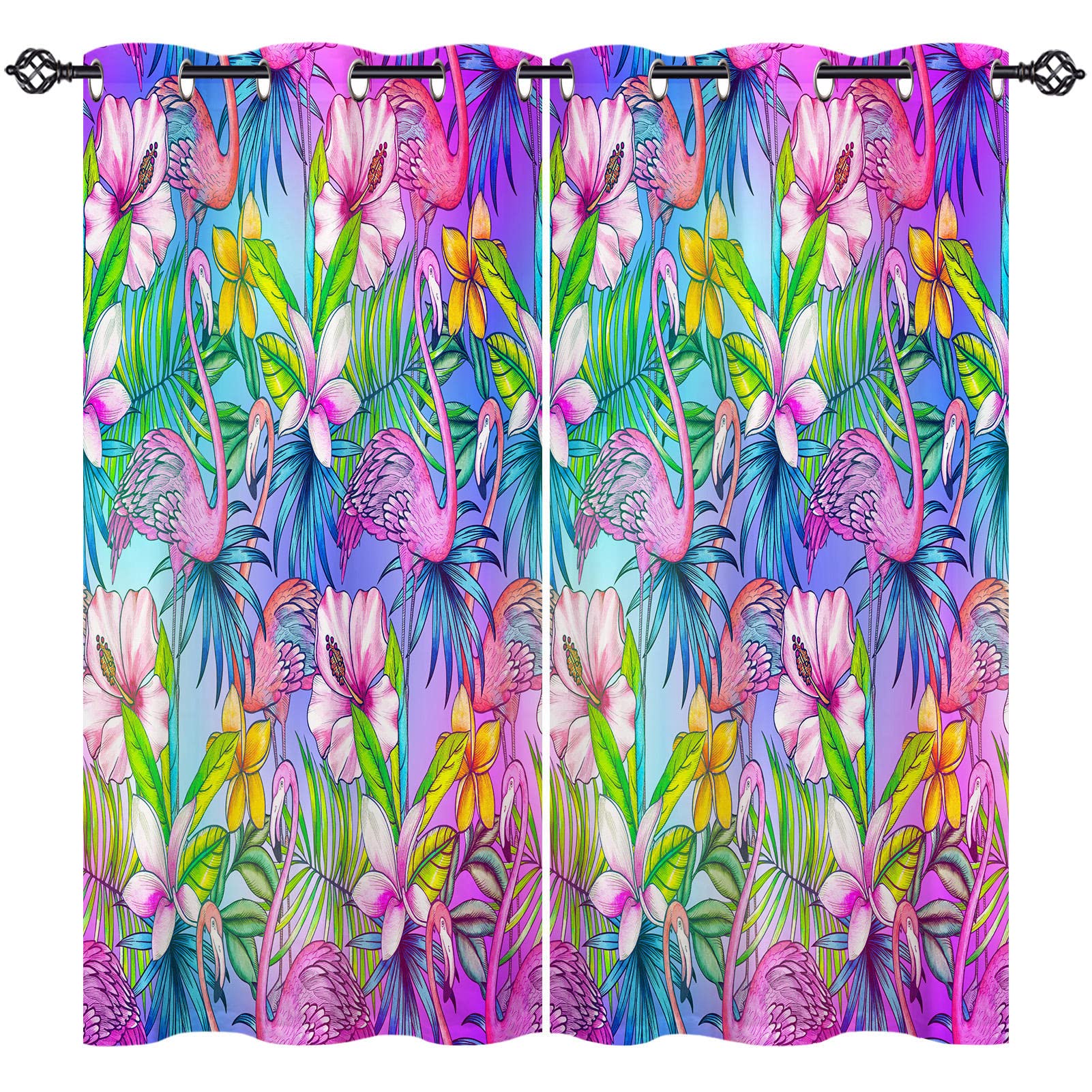 ANHOPE Flamingo Curtains Eyelet 80% Blackout Room Darkening Curtains with Neon Tropical Botanical Flower Print Pattern Light Blocking Window Drapes for Bedroom Living Room 46 x 63 Inch Drop 2 Panels