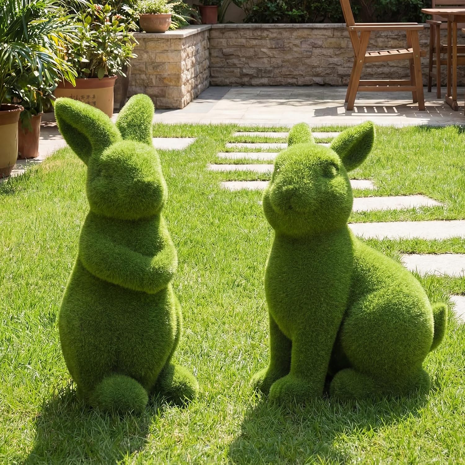 Vicenpal 2 Pcs Large Easter Moss Bunny Statues 14.1/15.7 Inches Large Green Flocked Resin Easter Bunny Figurines Decoration Faux Moss Rabbit Statues for Yard Outdoor Decor Garden Balcony