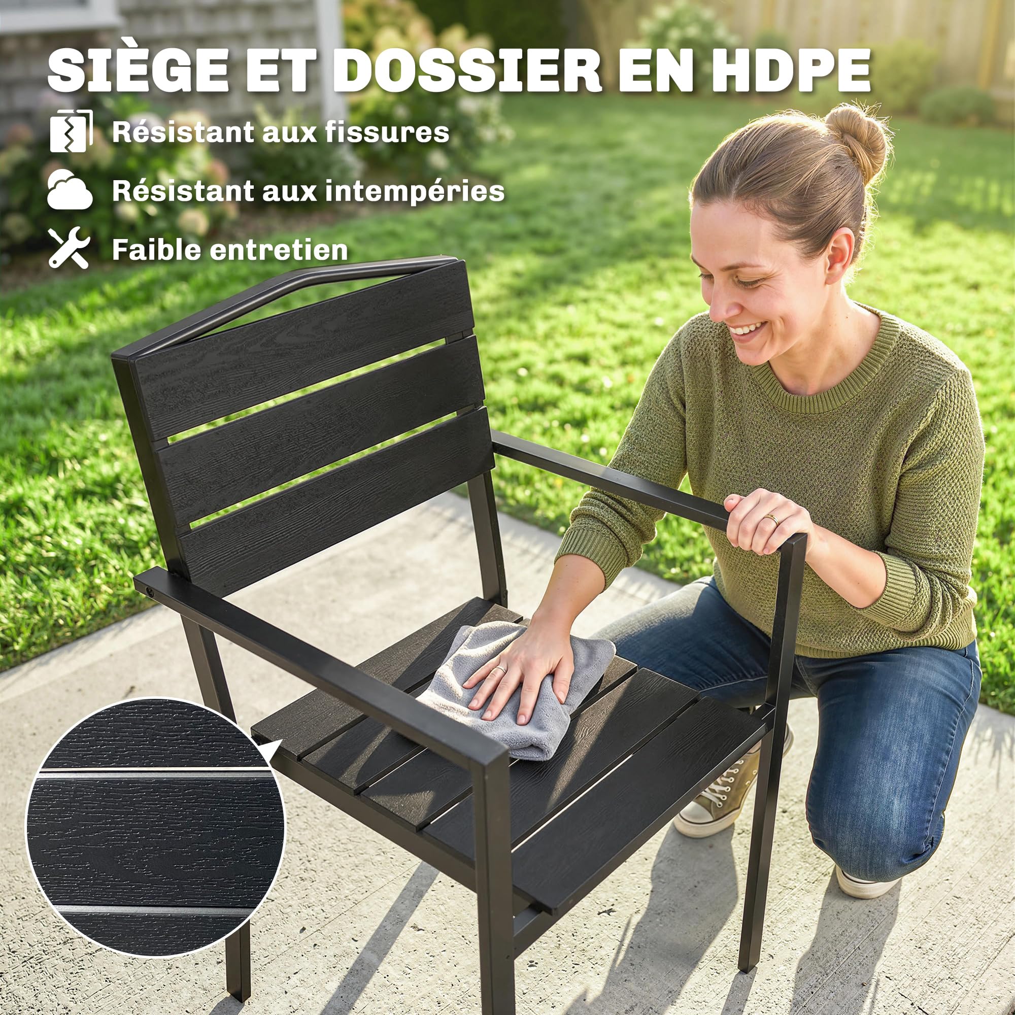 Outsunny Lot de 4 Chaises de Jardin Chaises de Salle à Manger Empilables - HDPE Effet Bois avec Accoudoirs Résistant aux Intempéries - Fauteuils Extérieurs pour Terrasse Balcon Repas Plein Air, Noir