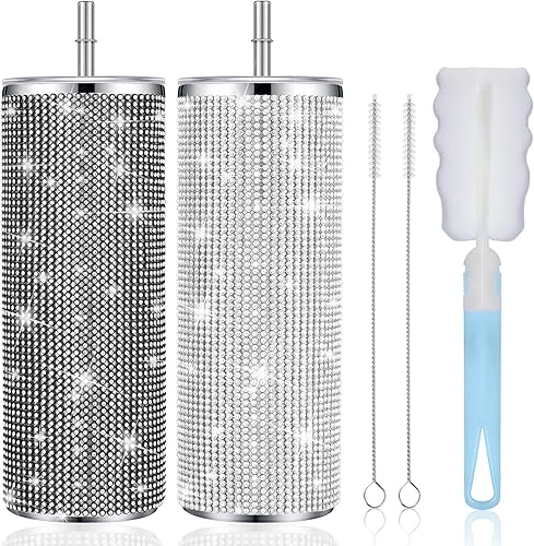 Tessco - 2 vasos brillantes de 20 onzas con diamantes de imitación, botella de regalo de Navidad, botella de diamante con purpurina con tapa y