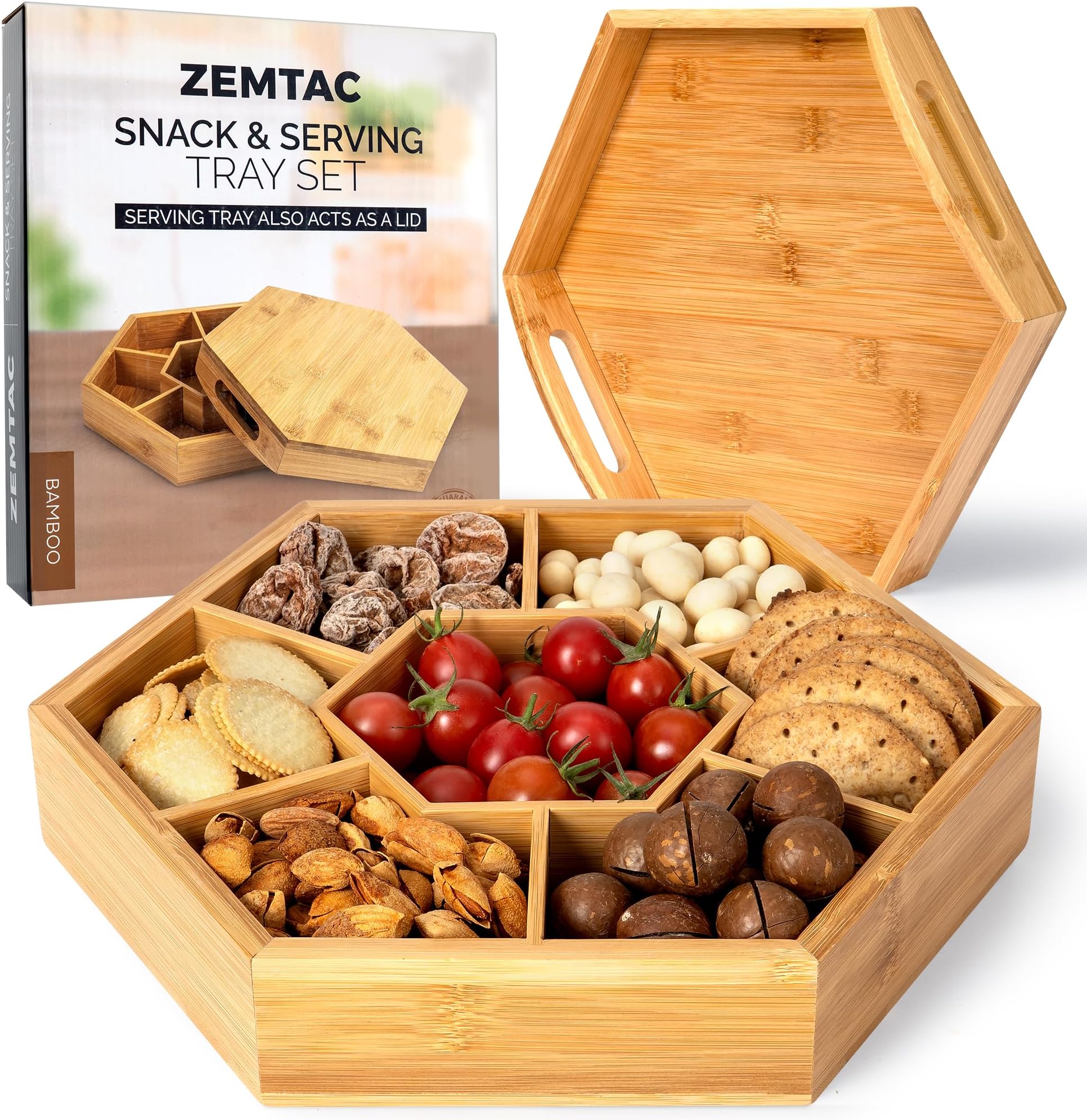 Snack Tray with Lid That Doubles as a Serving Tray – 13"x11" Bamboo Wooden Dry Fruit Tray for Nuts & Candy, Decorative Trays for Home Decor, Coffee Table or Ottoman Use (Bamboo, 13"x11")